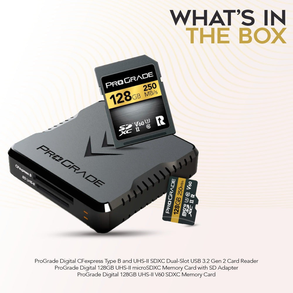ProGrade Digital 128GB UHS-II V60 SDXC Memory Card and 128GB microSDXC Memory Card with Card Reader