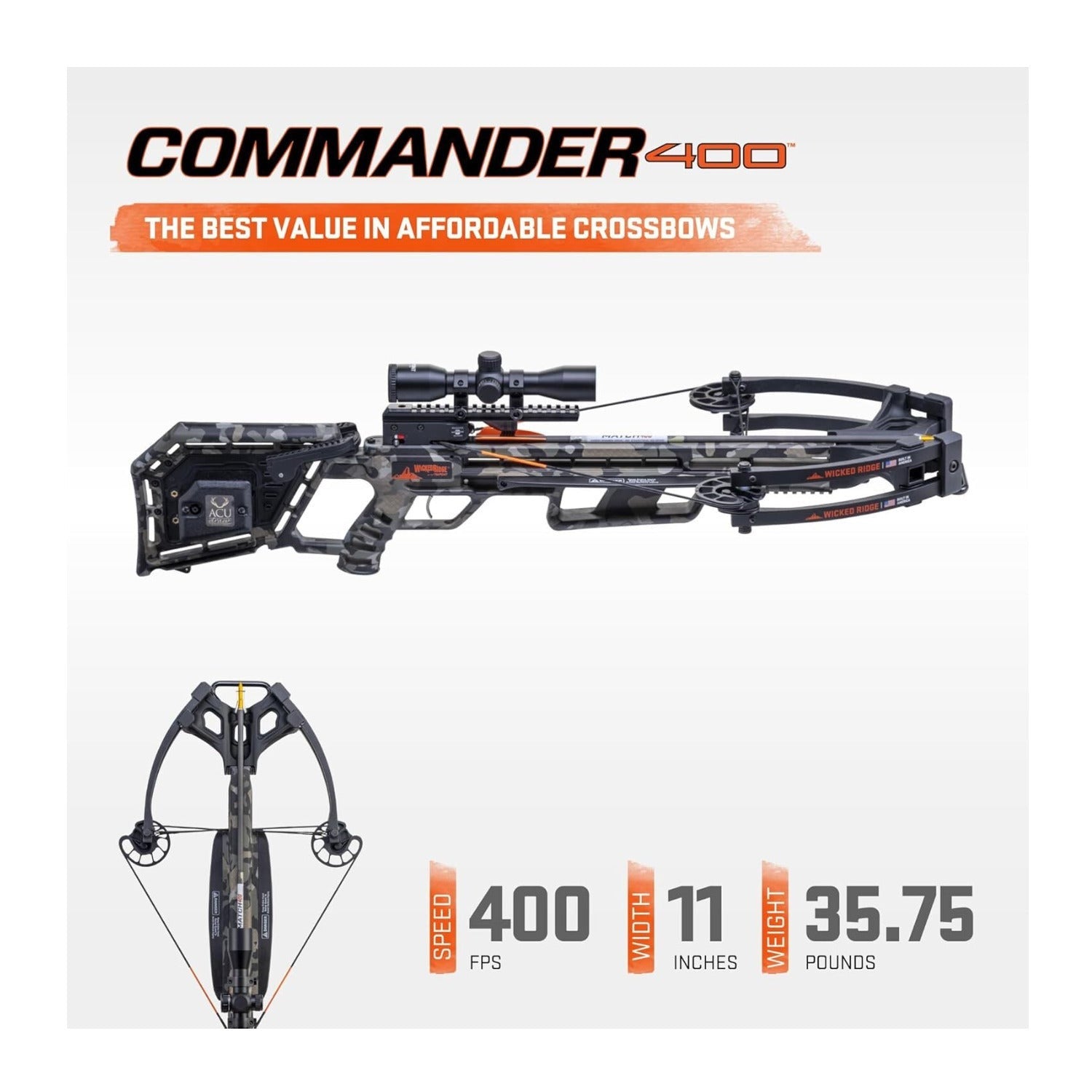 Wicked Ridge Commander 400 Crossbow Peak XT 400 FPS with ACUdraw Scope Package