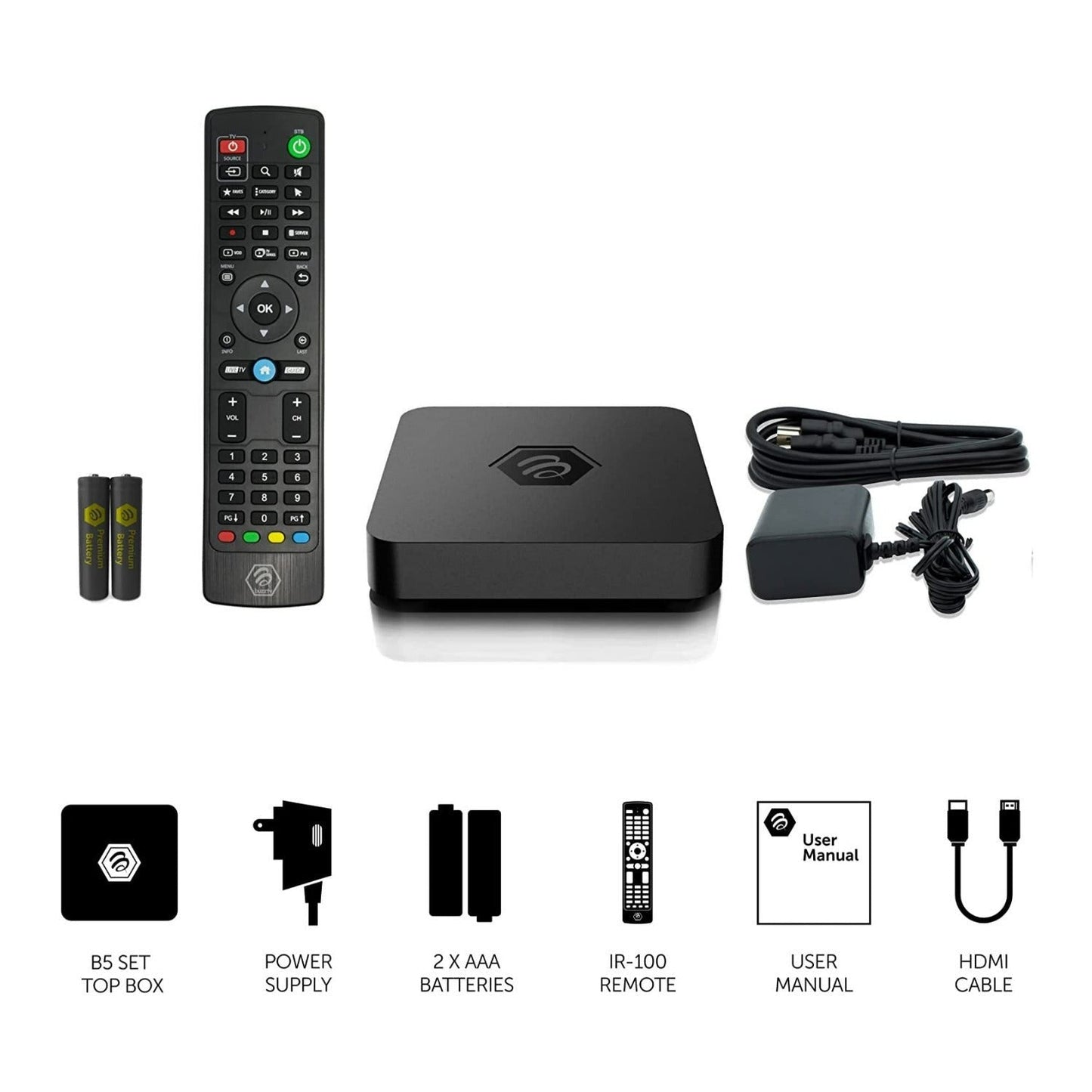 BuzzTV B5 Series with IR-100, HDMI Cable, and North American Power Supply
