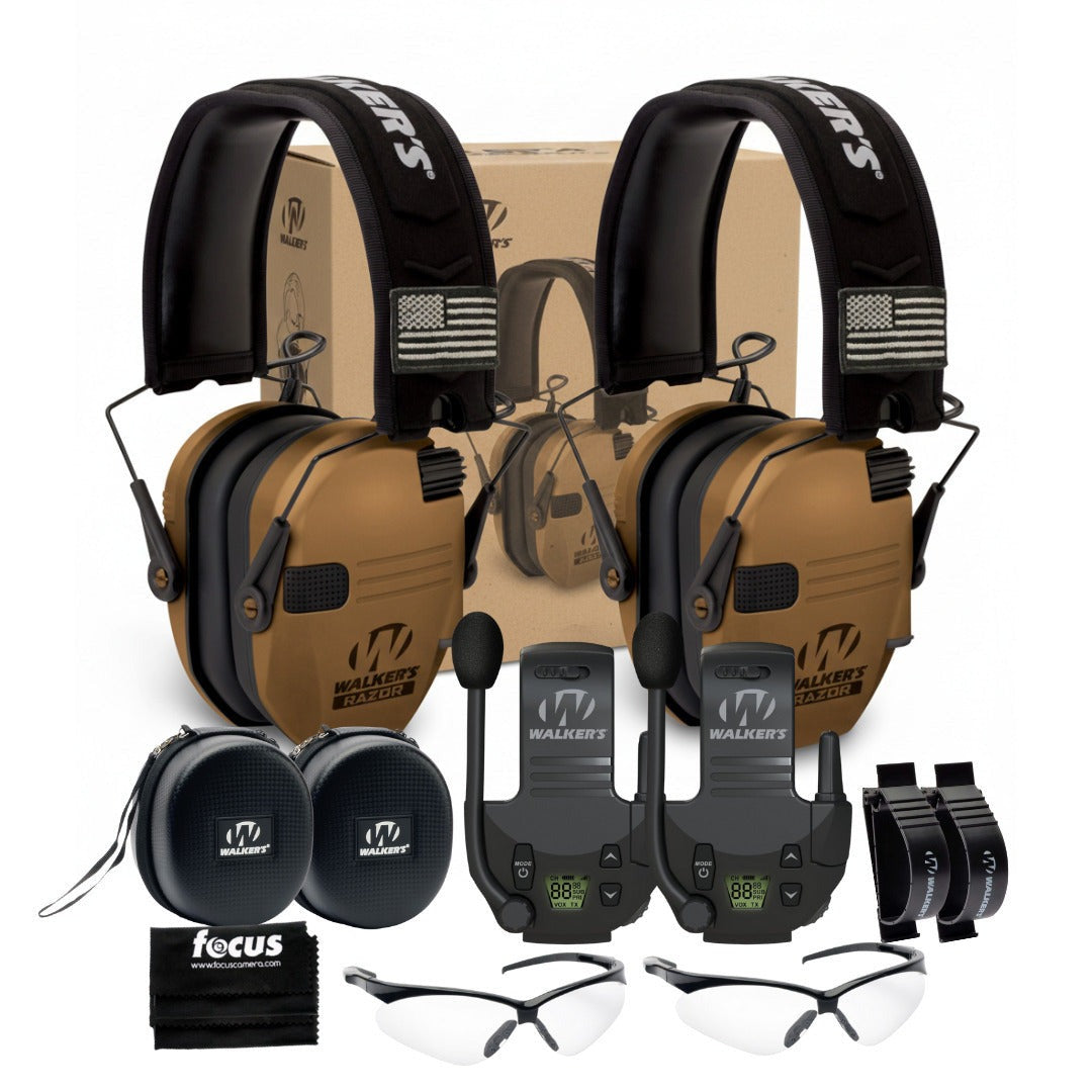 Walkers Razor Walkie Talkie Bundle with Ear Muff (Battle Brown) and Accessories