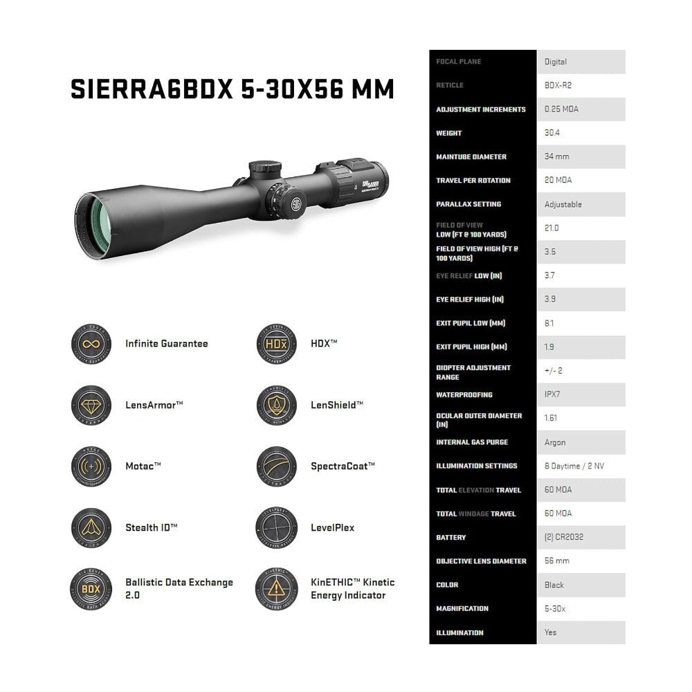 SIG SAUER SIERRA6BDX 5-30x56mm 34mm Riflescope with BDX 2.0 Technology (Black)