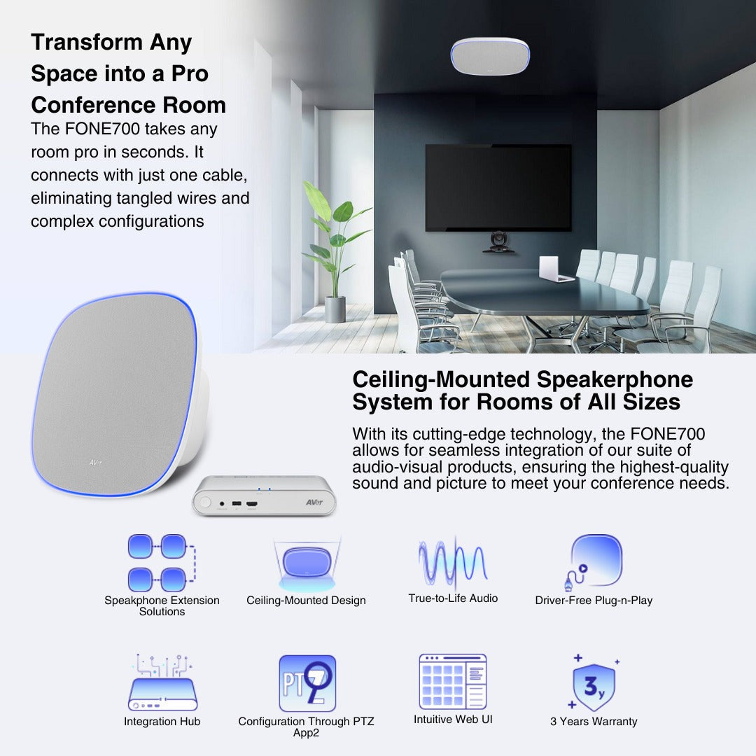 AVer FONE700 Ceiling Speakerphone System with Noise Suppression and VB130 4K Videobar (White) Bundle