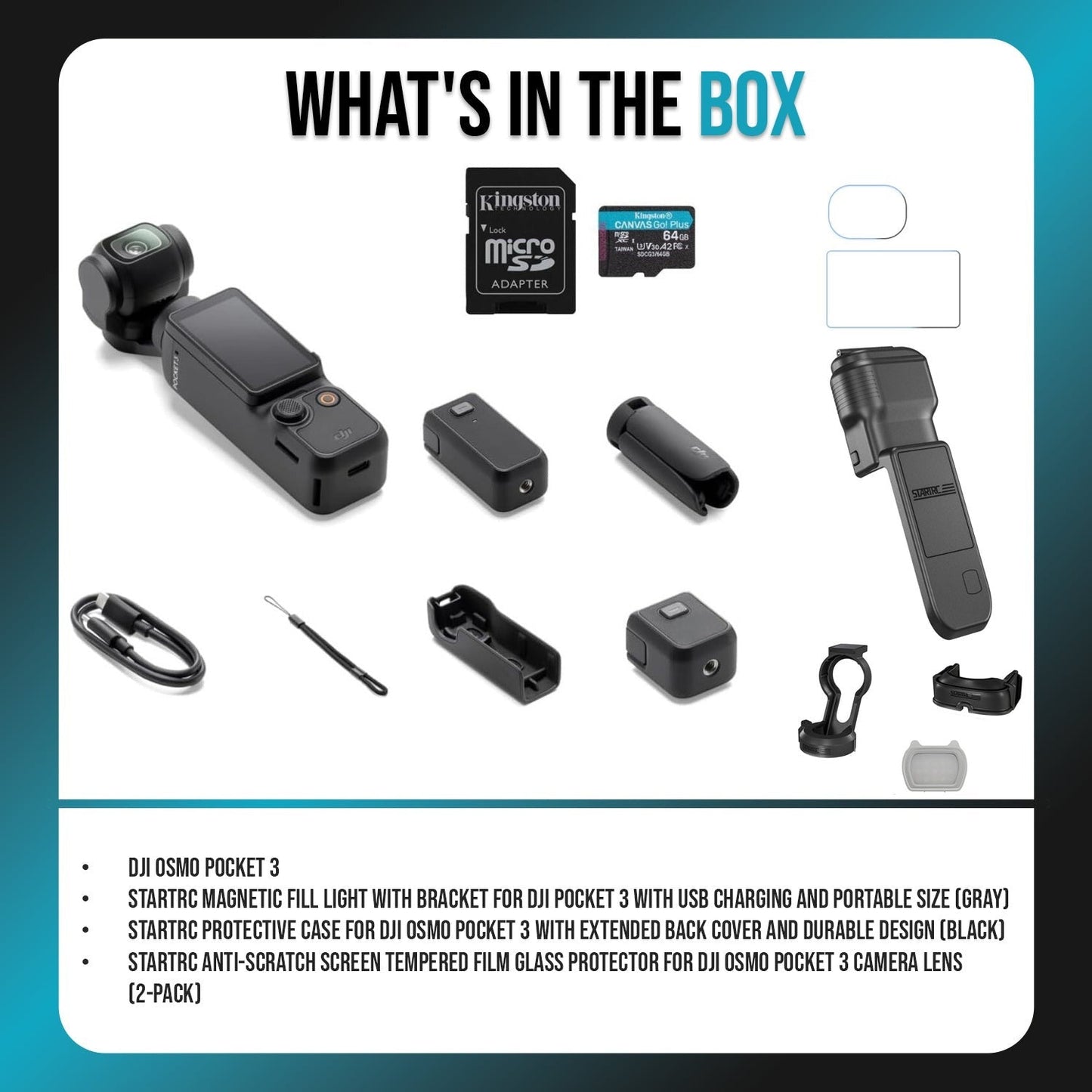DJI Osmo Pocket 3 with Hard Case Cover, Magnetic Fill-in light, and Tempered Glass Screen Protectors