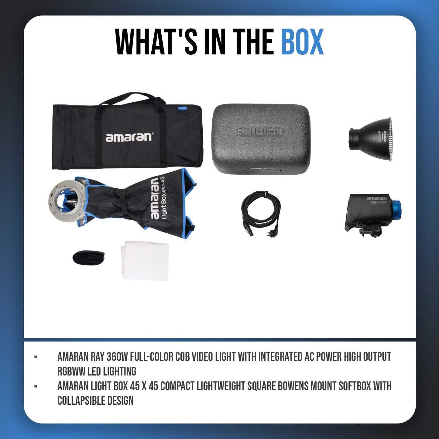 Amaran Ray 360c Full-Color COB Video Light (US) with Light Box 45x45 Softbox