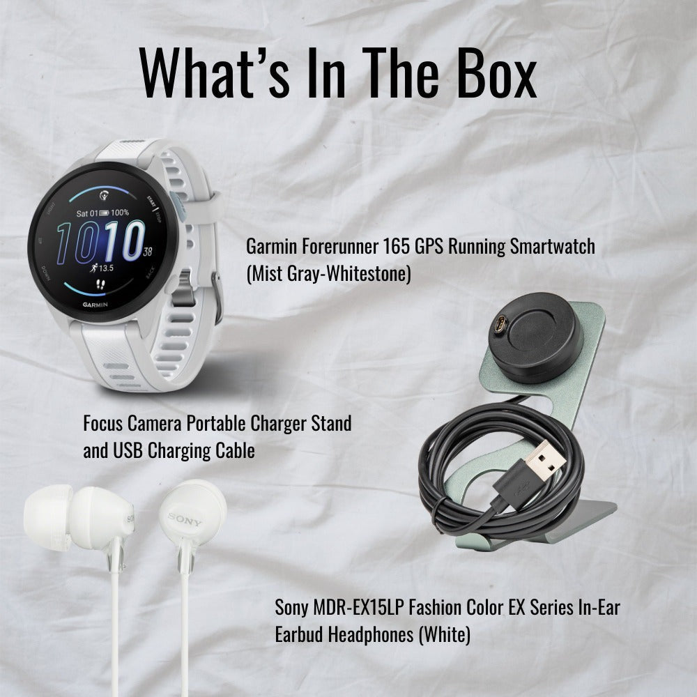 Garmin Forerunner 165 GPS Running Smartwatch (Mist Gray-Whitestone) with Charger Stand Bundle