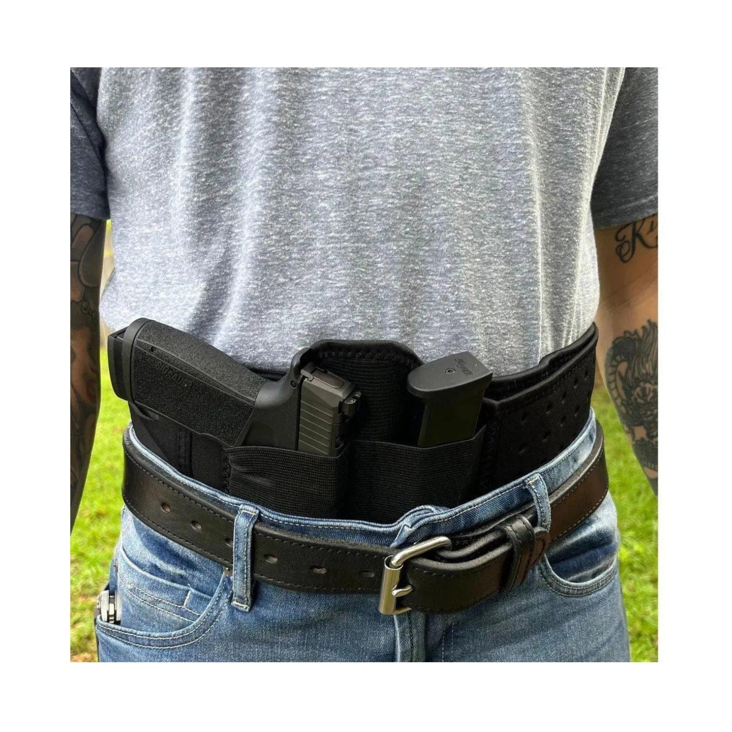 Rounded Belly Band Holster with Wide Elastic Pockets (Large, Black)