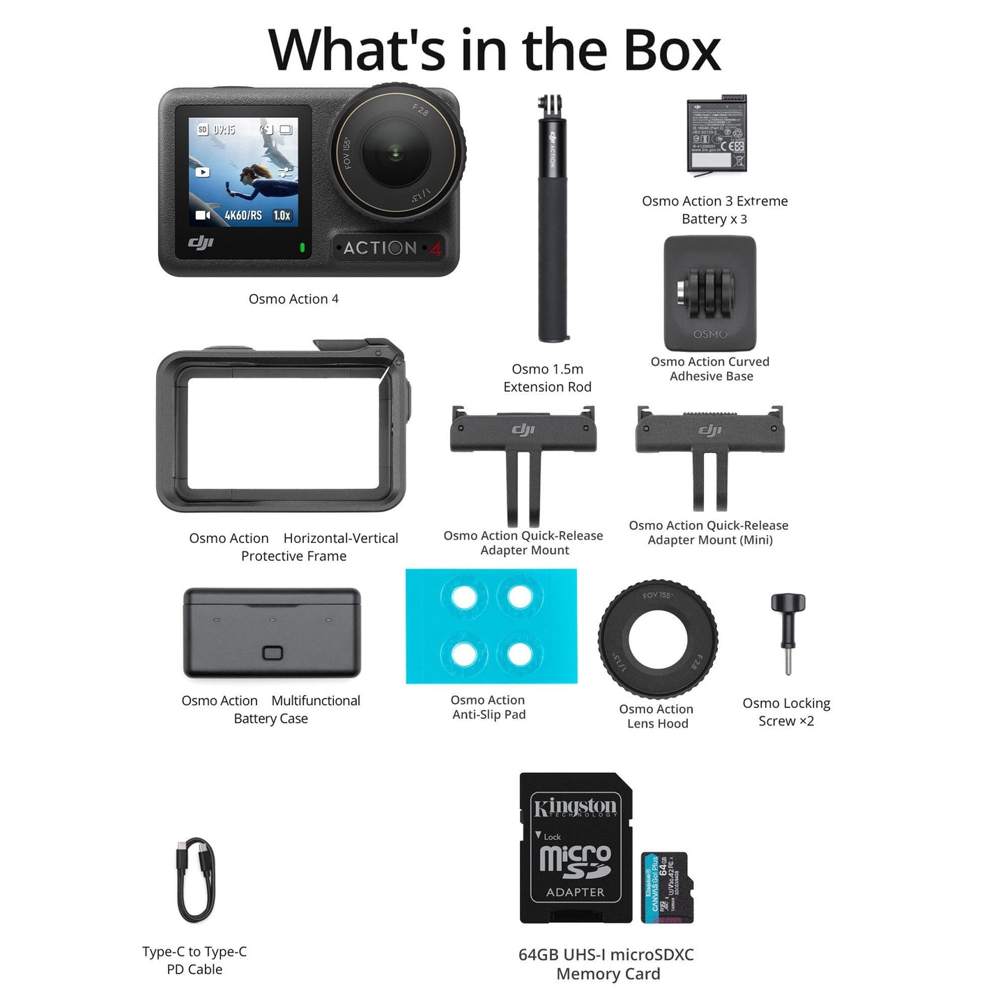 DJI Osmo Action 4 Camera Adventure Combo with 64GB MicroSDXC Memory Card Bundle