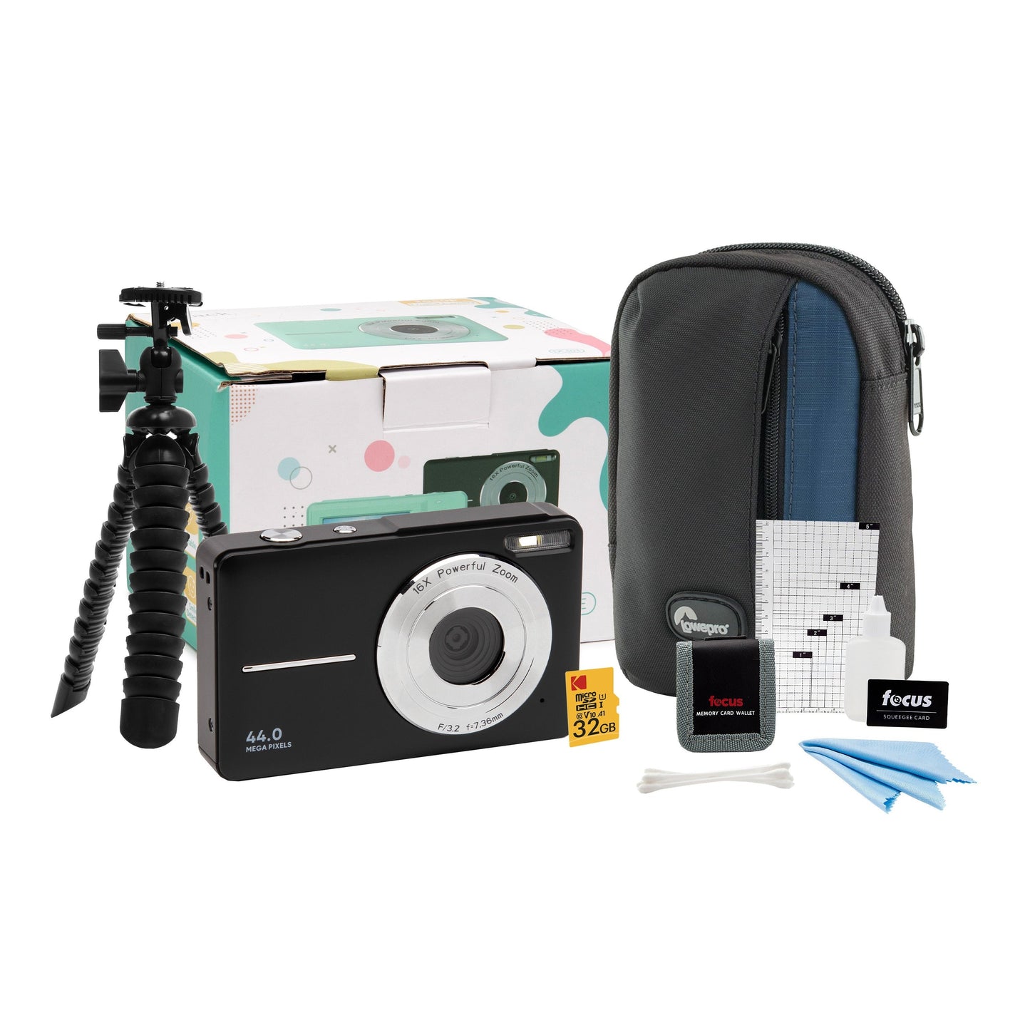 Koah 44MP FHD Point and Shoot Digital Camera with 16X Power Zoom (Black) and 32GB Card Bundle