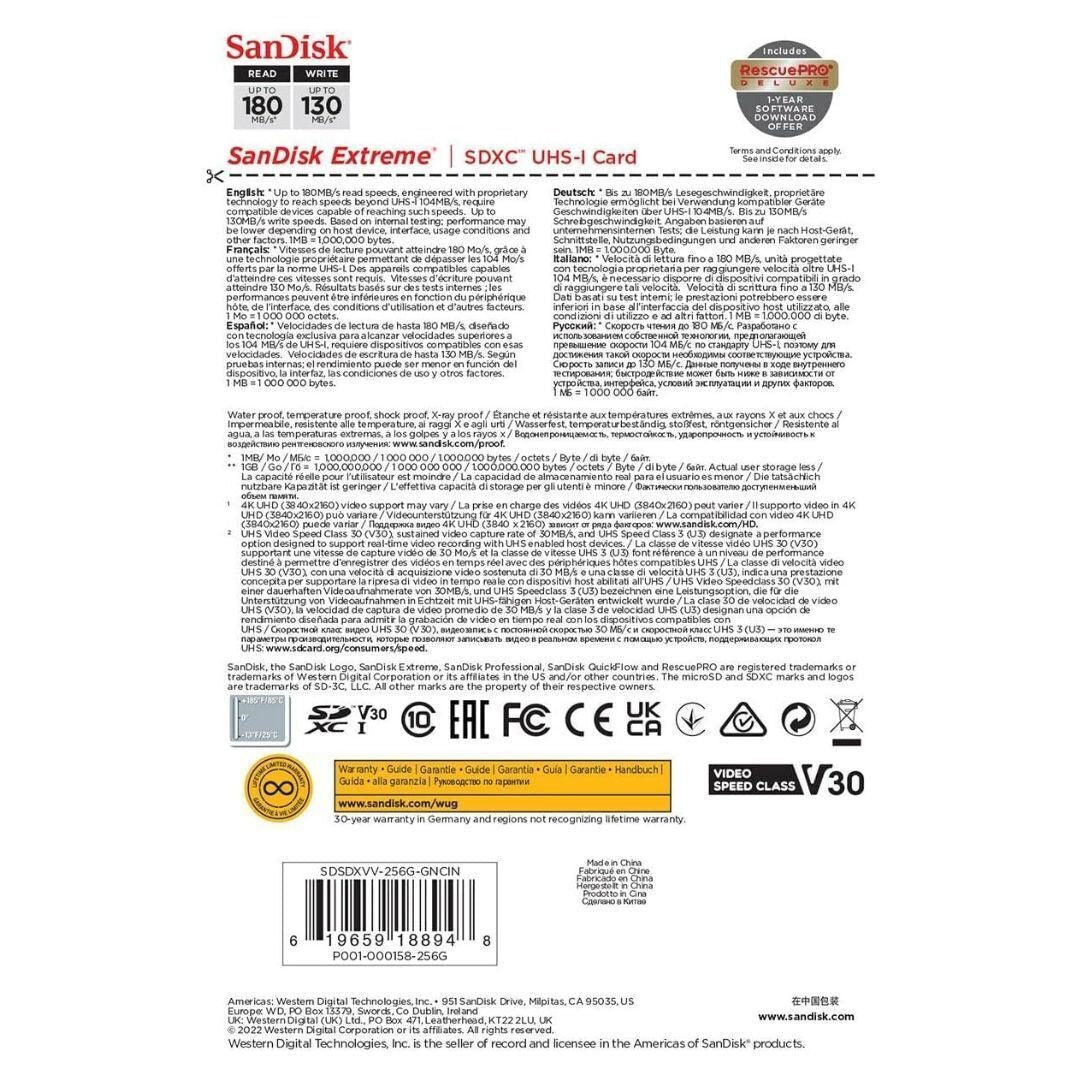 SanDisk Extreme SDXC UHS-I Memory Card with 180MBPS Read Speed, 130MBPS Write Speed (256GB, Black)