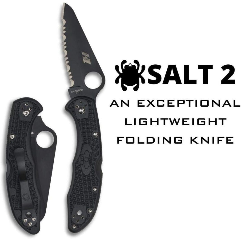 Spyderco Salt 2 Lightweight Knife with H-1 Corrosion Resistant Steel Blade and FRN Handle (Black)