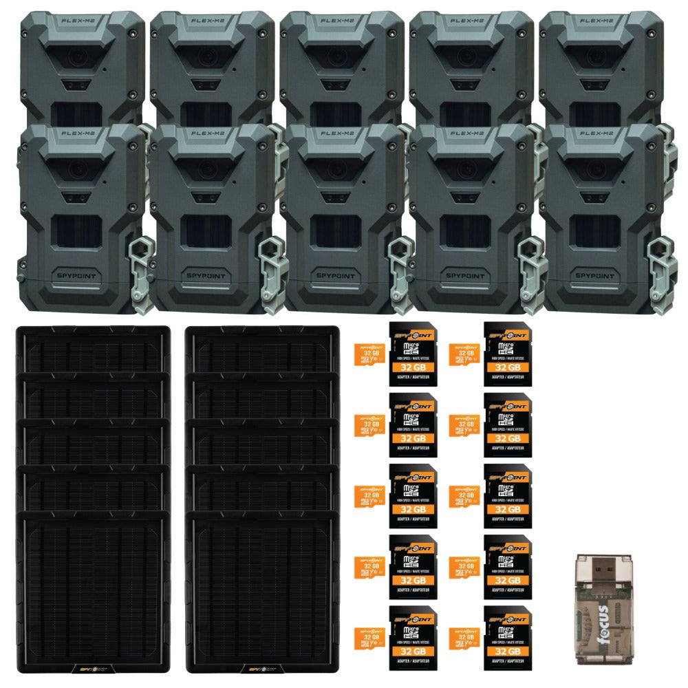 Spypoint FLEX-M2 32MP Trail Camera (10-Pack) with Solar Panel, Memory Card and Card Reader Bundle
