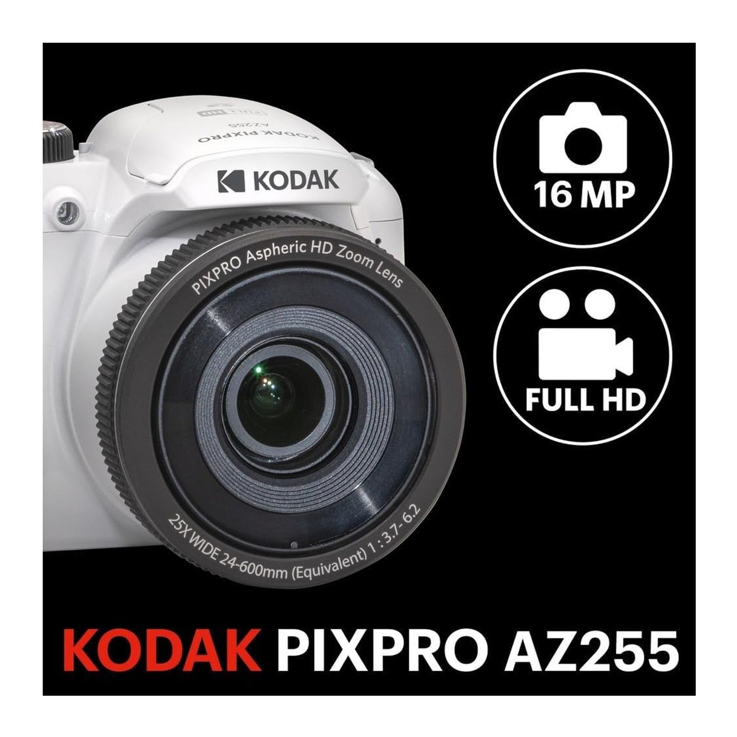 Kodak PIXPRO AZ255 Astro Zoom 16MP Digital Camera (White) with 128GB SDXC Card