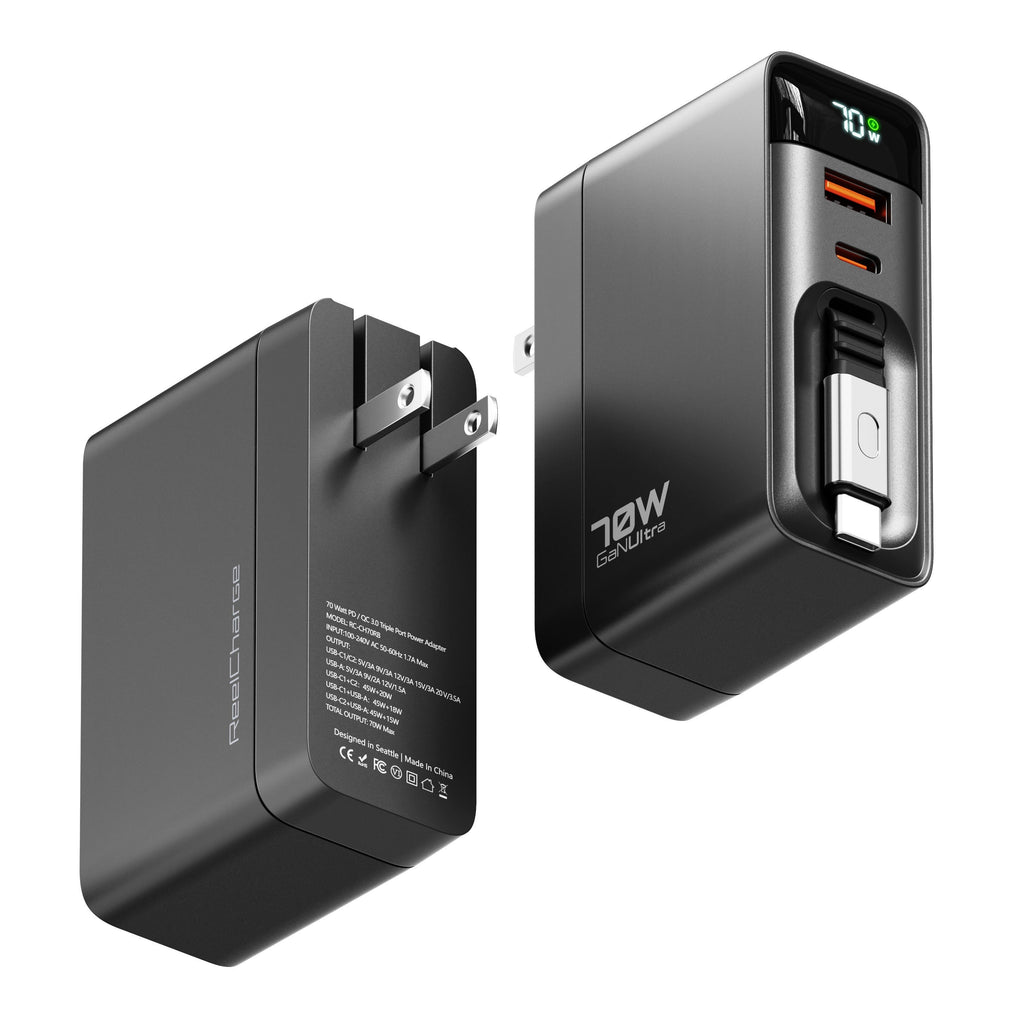 ReelCharge 70W Wall Charger with Retractable USB-C (Black)