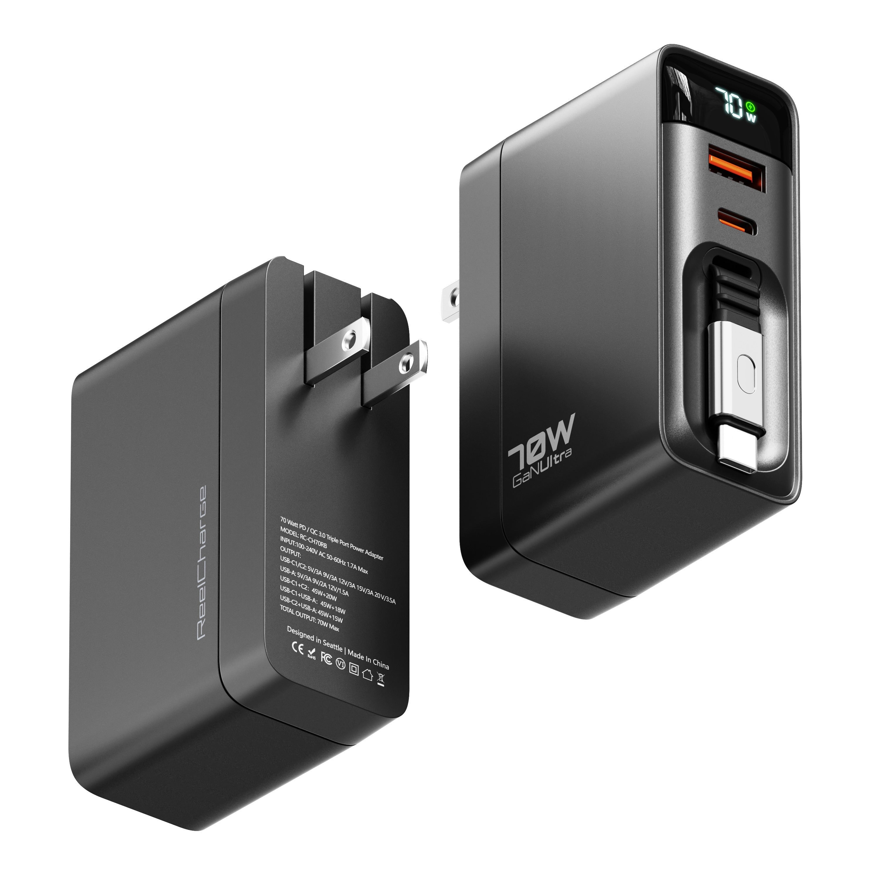 ReelCharge 70W Wall Charger with Retractable USB-C (Black)