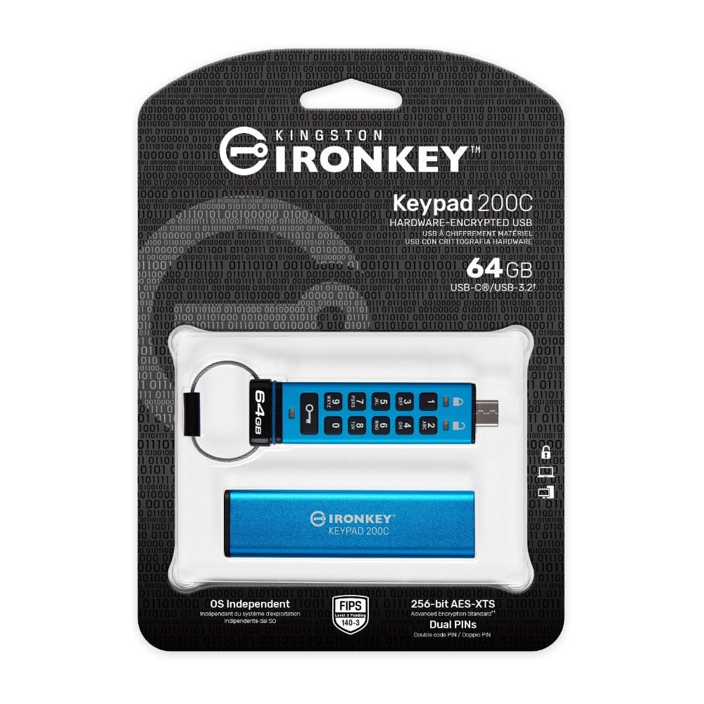 Kingston Ironkey Keypad 200 USB-C 64GB Encrypted Flash Drive (Blue)