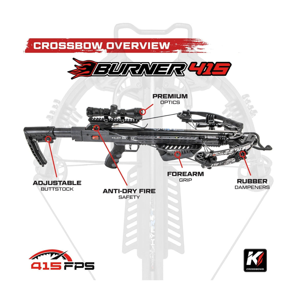 Killer Instinct Burner 415 Crossbow (Gray Camo) with Crank & Broadheads Bundle