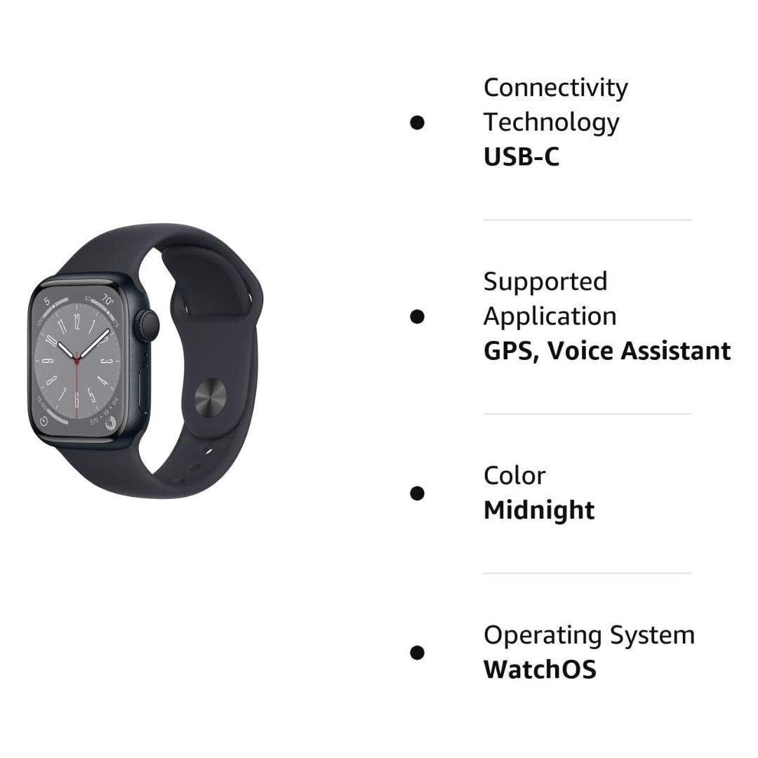Apple Watch Series 8, 41mm GPS, Aluminum Case with Sport Band (Midnight) (Certified Refurbished)