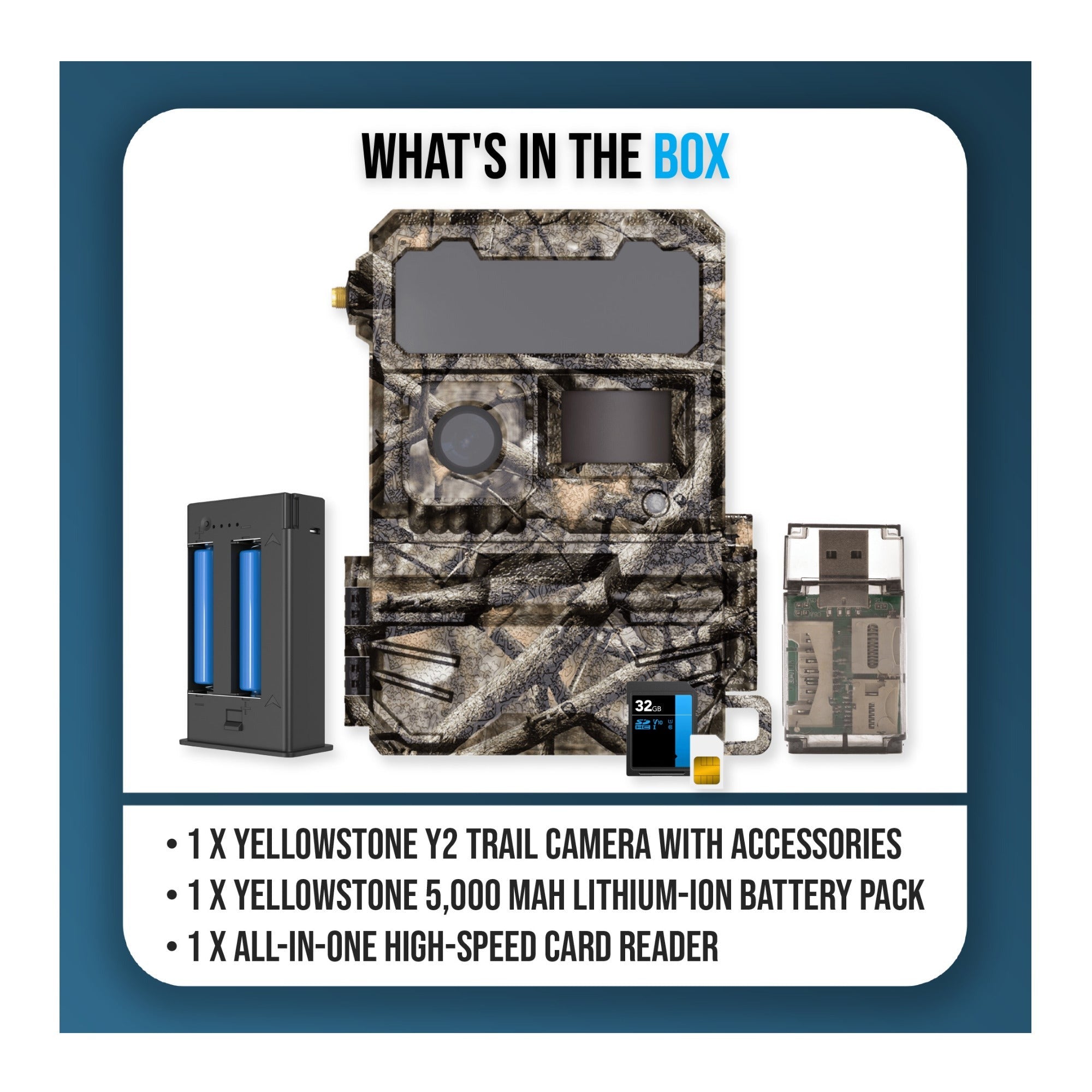Yellowstone Y2 4G LTE Trail Camera Bundle with 5,000 mAh Battery Pack, Card Reader, and Accessories