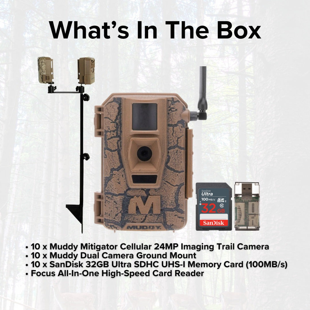 Muddy Mitigator Cellular 24MP Imaging Trail Camera (10-Pack) with SD Card Reader Bundle