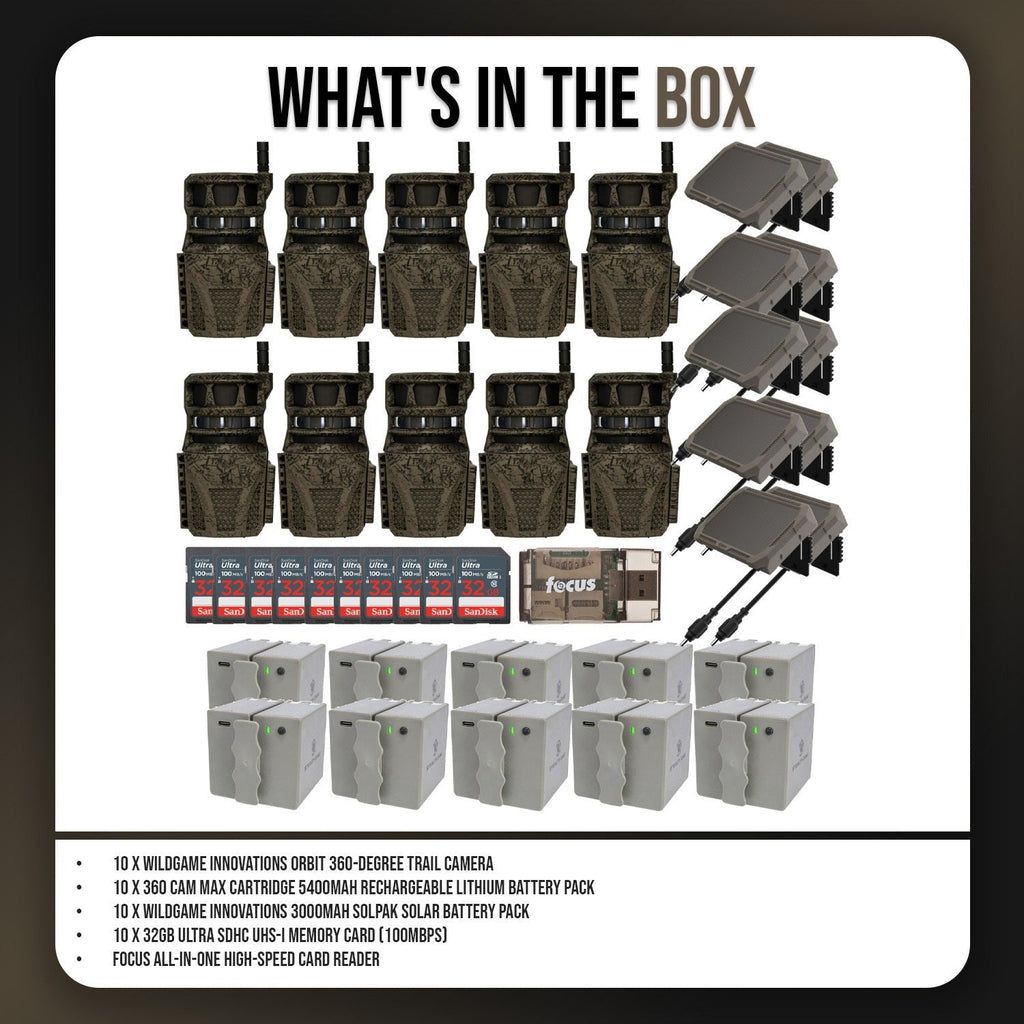 Wildgame Innovations Orbit 360-Degree Trail Camera with 36MP Image Quality (10-Pack) Bundle