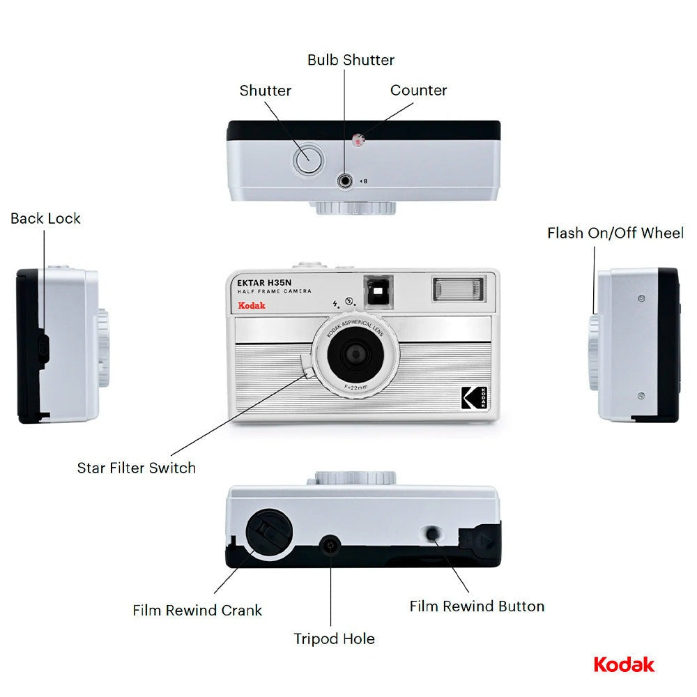 Kodak Ektar H35N 35mm Half Frame Film Camera with Star Filter and Tripod Support (Striped Silver)