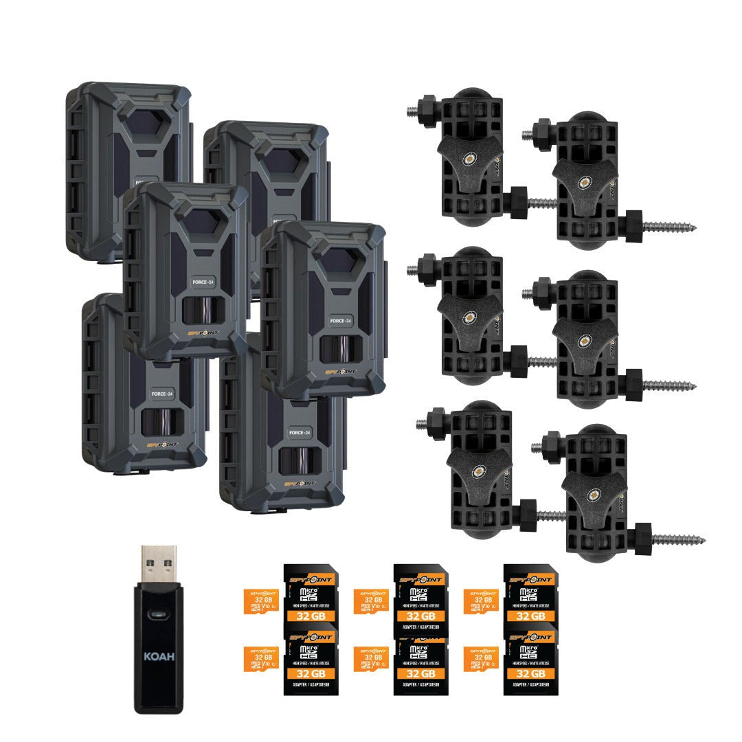 Spypoint Force-24MP Non-Cellular Trail Camera (6 Pack) Bundle with Accessories