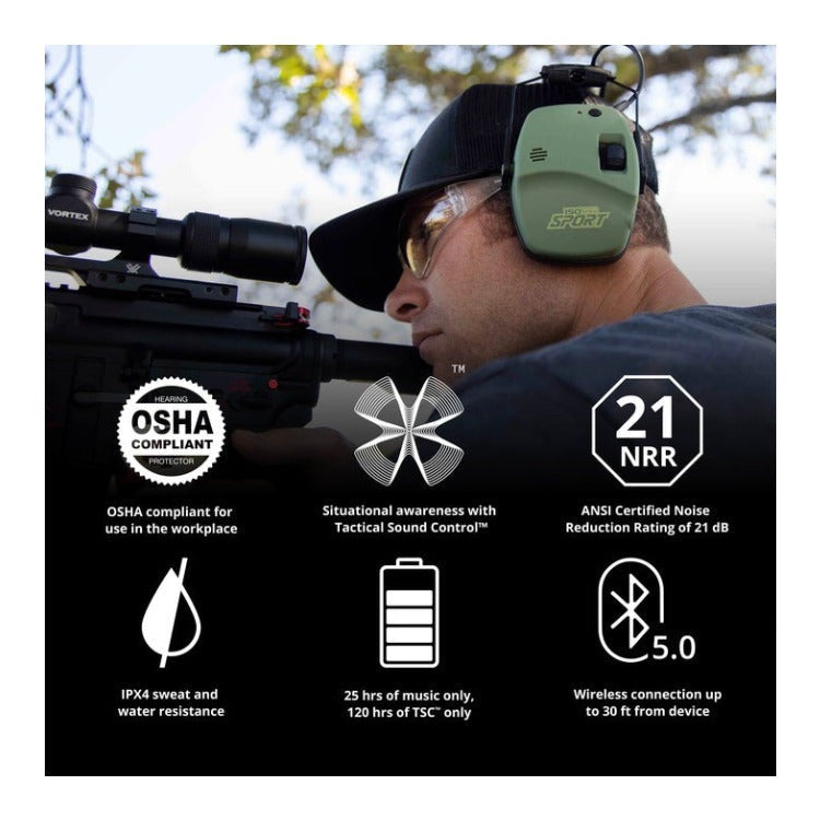 DEFY Slim BT Electronic Earmuffs with Bluetooth, 21 NRR, OD Green