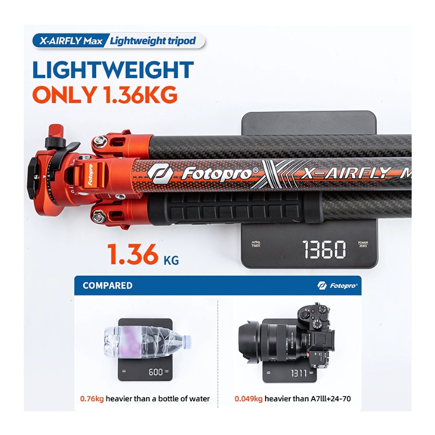 Fotopro X-Airfly Max Tripod with Detachable Monopod and Phone Holder (Orange)