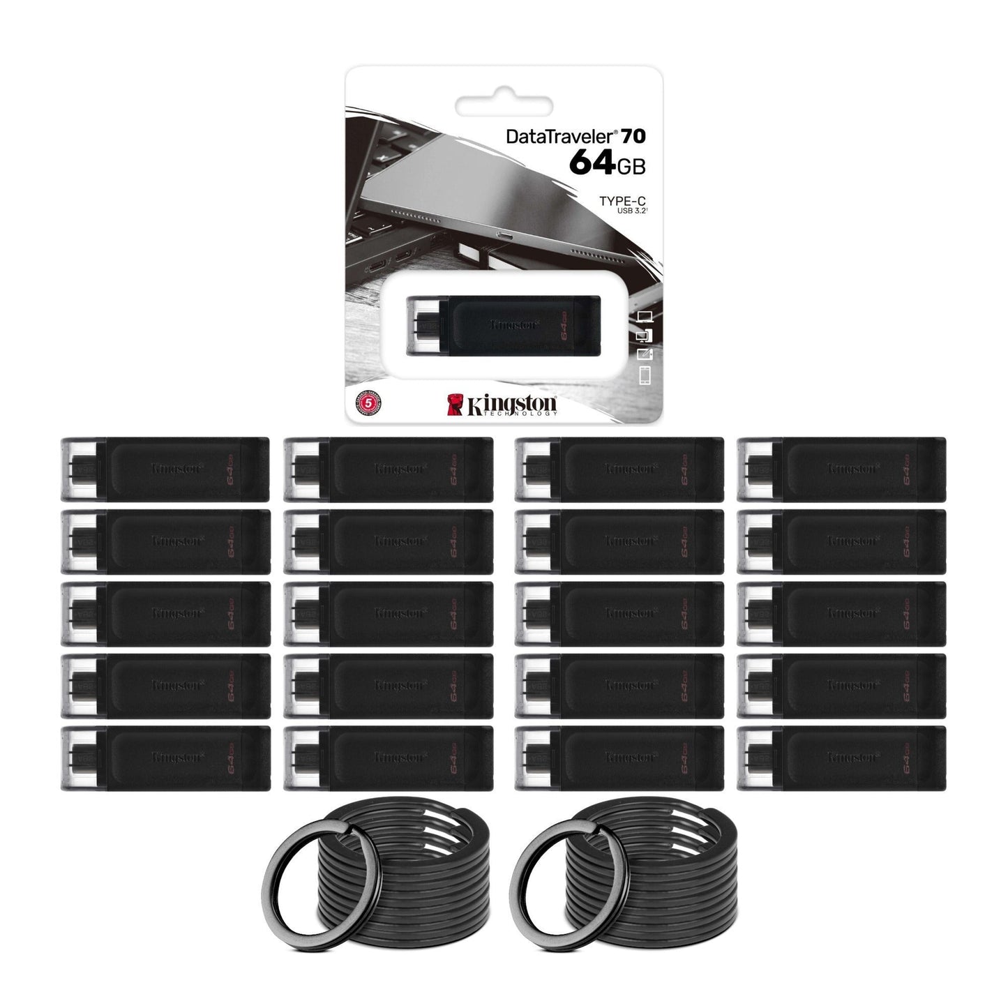 Kingston DataTraveler 70 USB 3.2 Flash Drive with Lightweight Design (64GB, Black, 20-Pack) Bundle