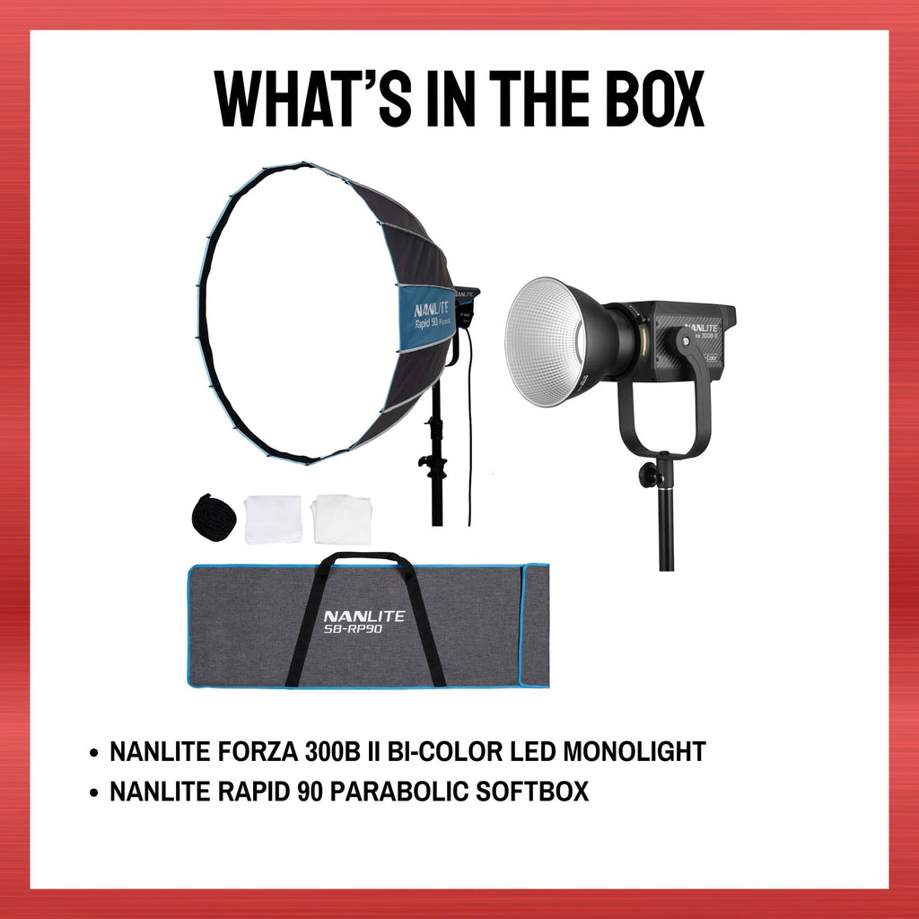 Nanlite Forza 300B II Spotlight with Nanlite Rapid 90 Parabolic Softbox Bundle