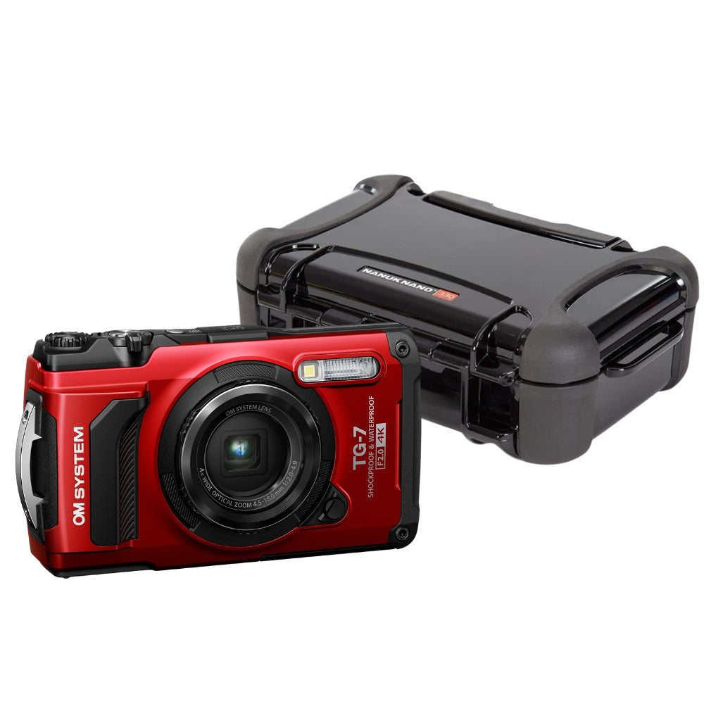 OM SYSTEM Tough TG-7 Digital Camera (Red) Bundle with Waterproof Hard Case