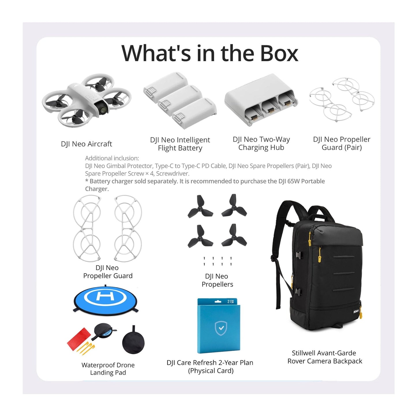 DJI Neo Drone Combo (No RC) with Backpack, Propellers and Guards, 2-Year Care Refresh, & Landing Pad