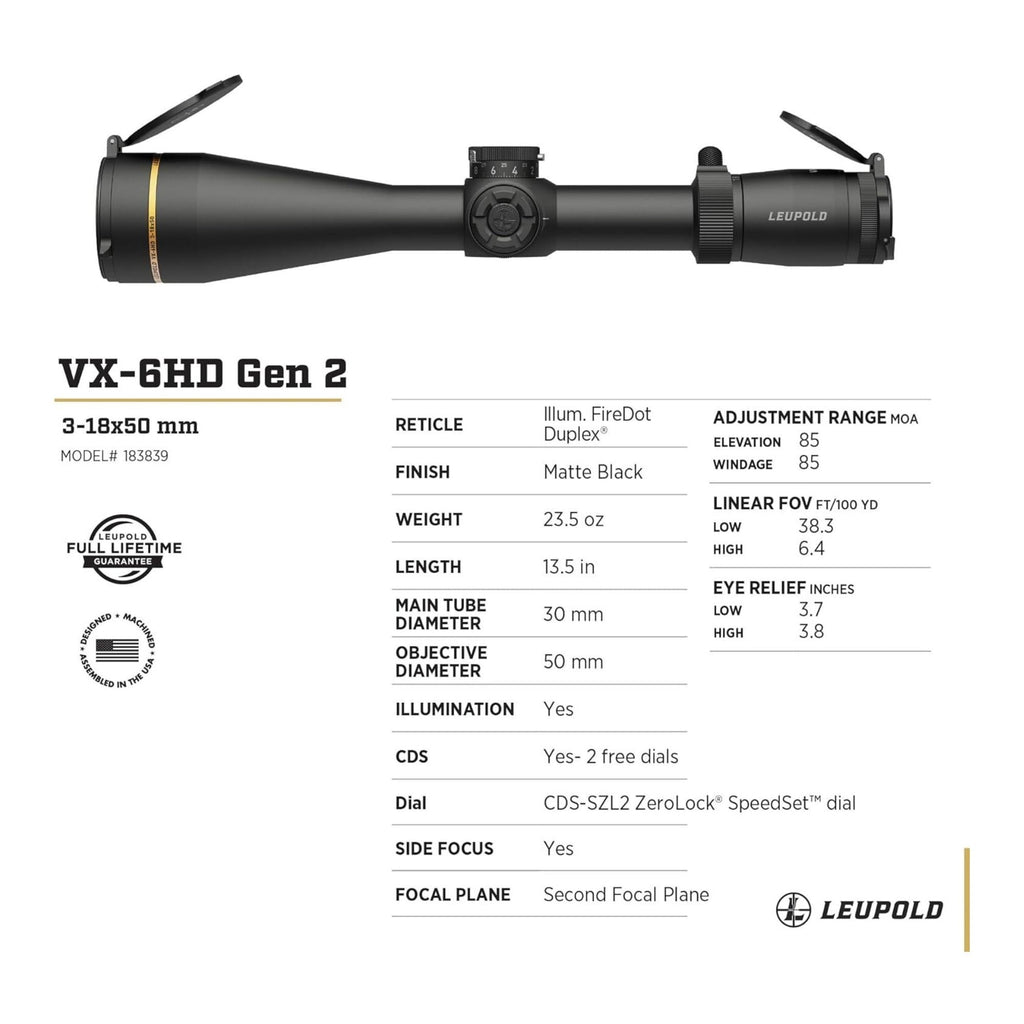 Leupold VX-6HD Gen 2 3-18x50mm CDS-SZL2 FDDPX Riflescope (30mm, Matte Black)