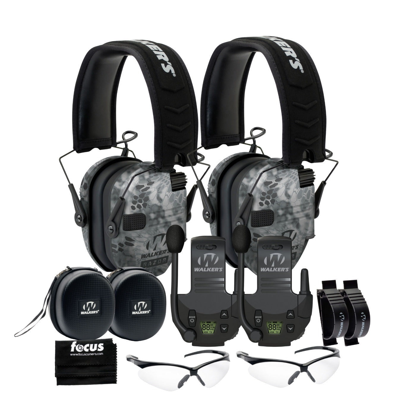 Walkers Razor Walkie Talkie Bundle with Ear Muff (Raid Kryptek) and Accessories