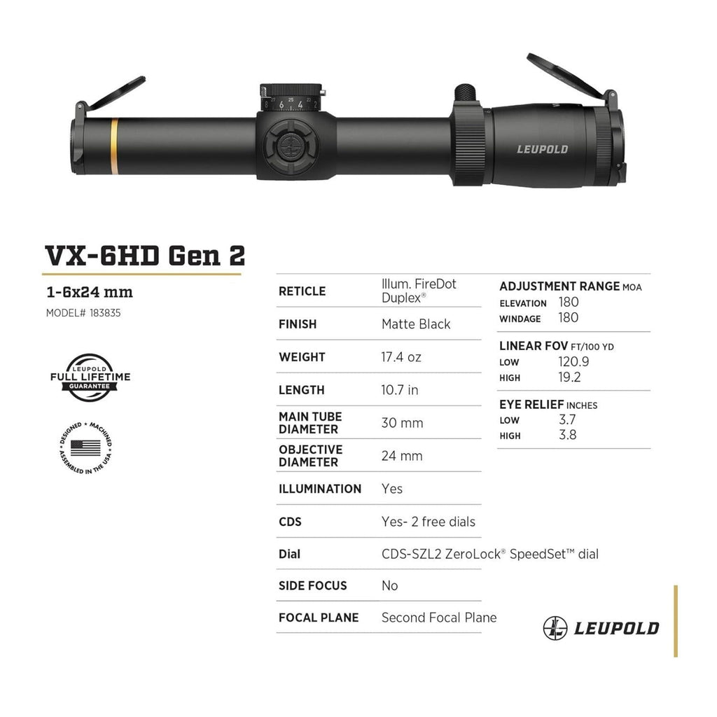 Leupold VX-6HD Gen 2 1-6x24 (30mm) CDS-SZL2 Illuminated FireDot Duplex