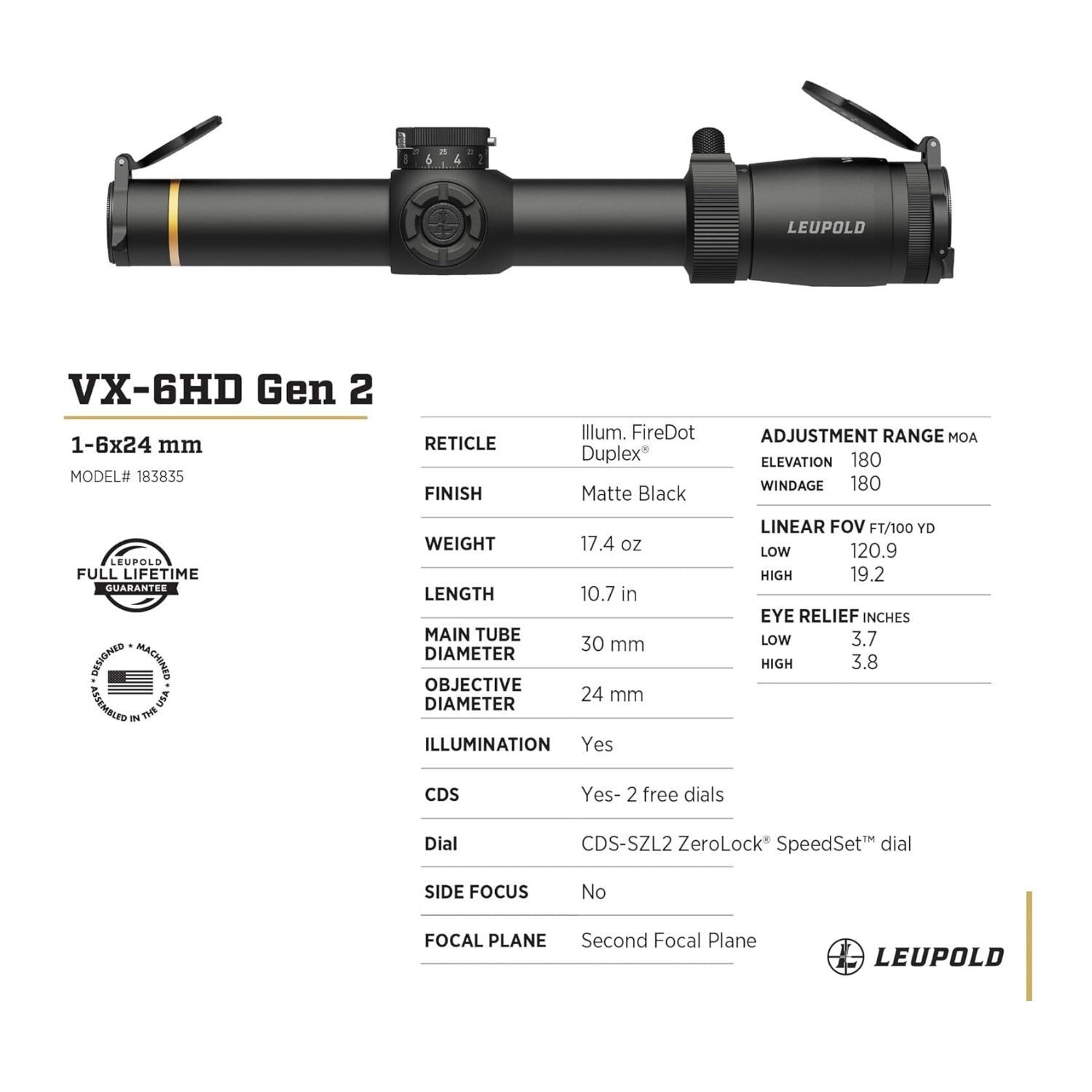 Leupold VX-6HD Gen 2 1-6x24 (30mm) CDS-SZL2 Illuminated FireDot Duplex