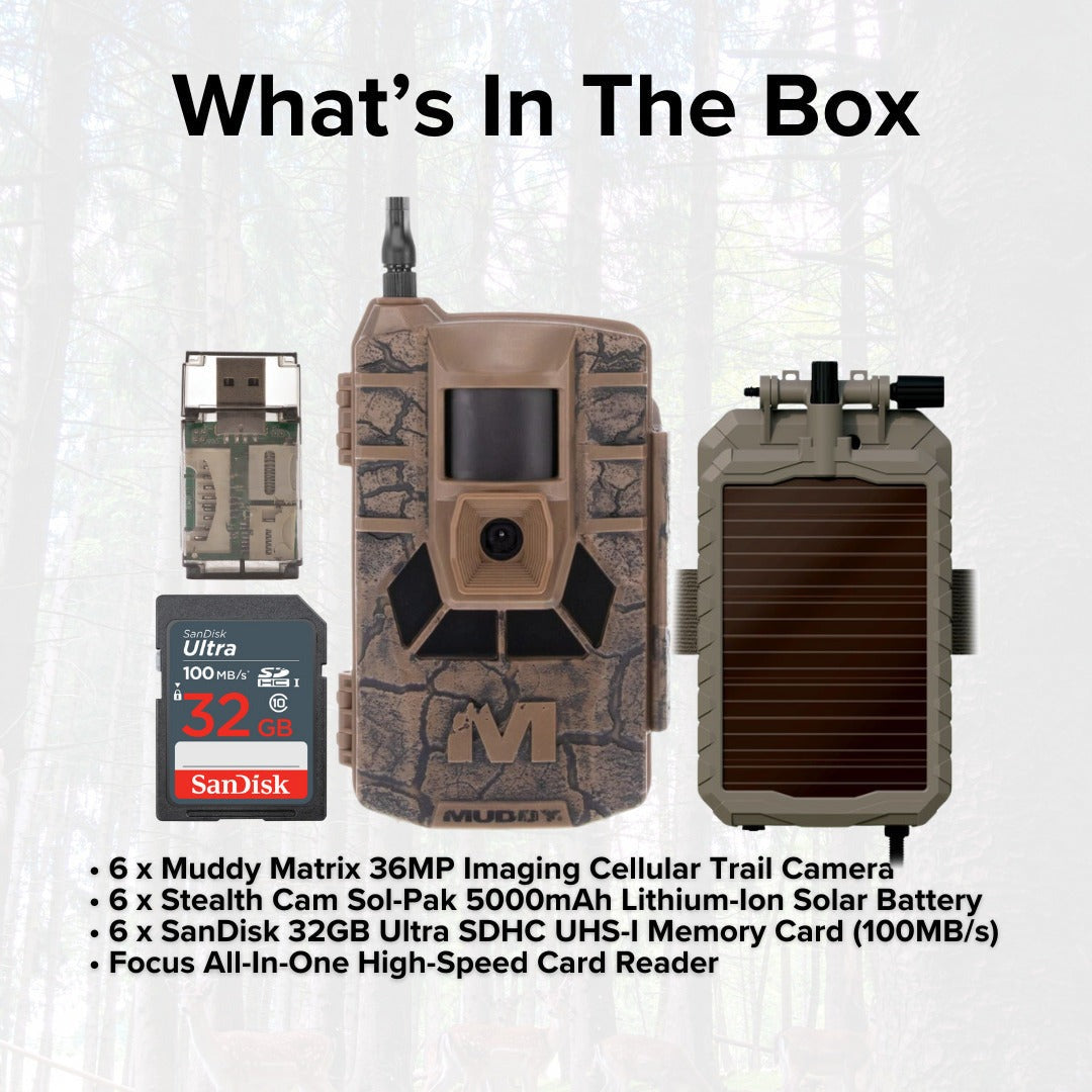 Muddy Matrix 36MP Imaging Cellular Trail Camera (6-Pack) with Solar Battery (6-Pack) Bundle
