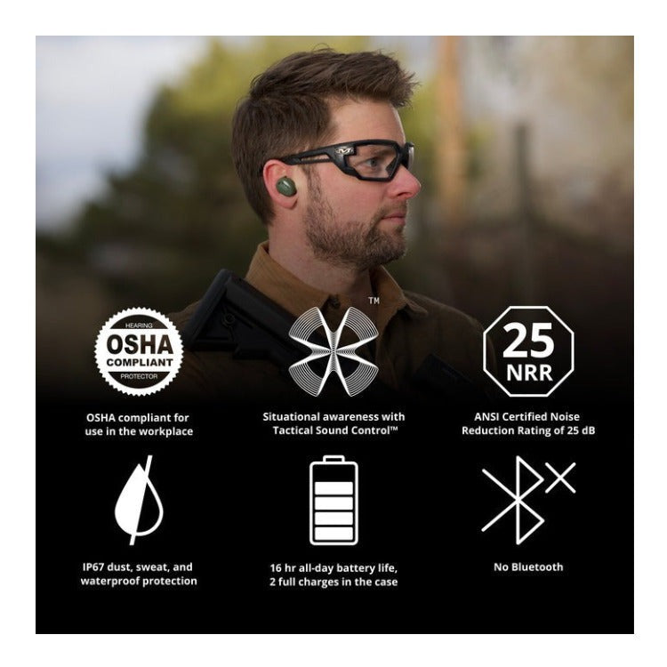 INSTINCT True Wireless Tactical Electronic Earbuds, 25 NRR, OD Green