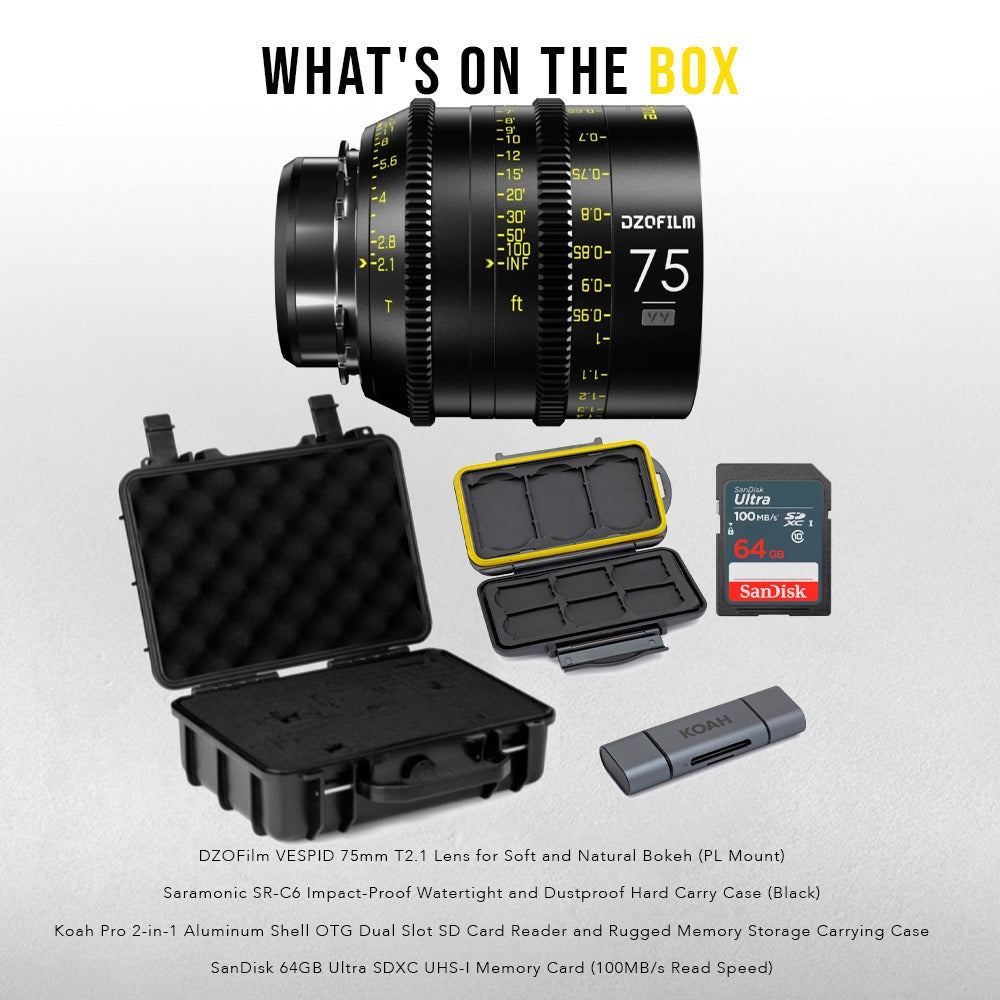 DZOFilm Vespid 75mm T2.1 Lens for Soft and Natural Bokeh (PL Mount) with Hard Carry Case Bundle