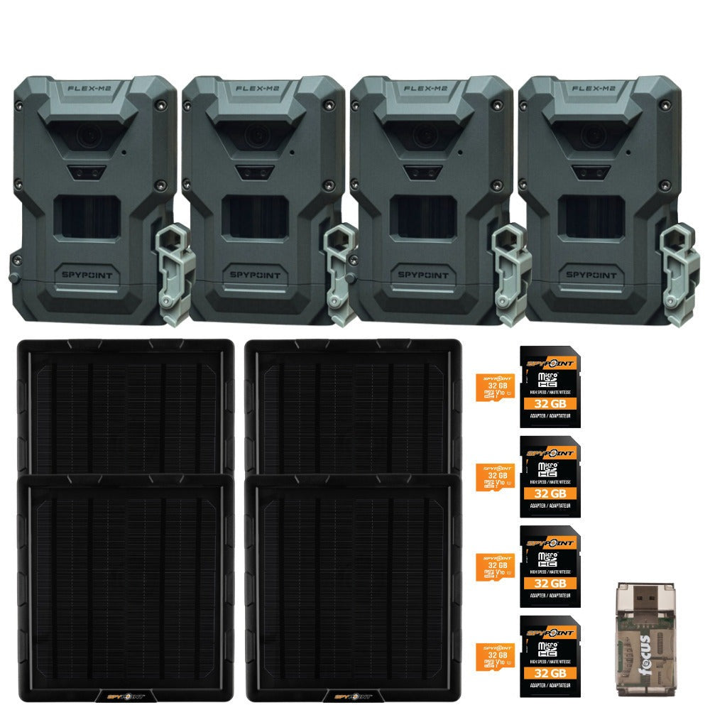 Spypoint FLEX-M2 32MP Trail Camera (4-Pack) with Solar Panel, Memory Card and Card Reader Bundle