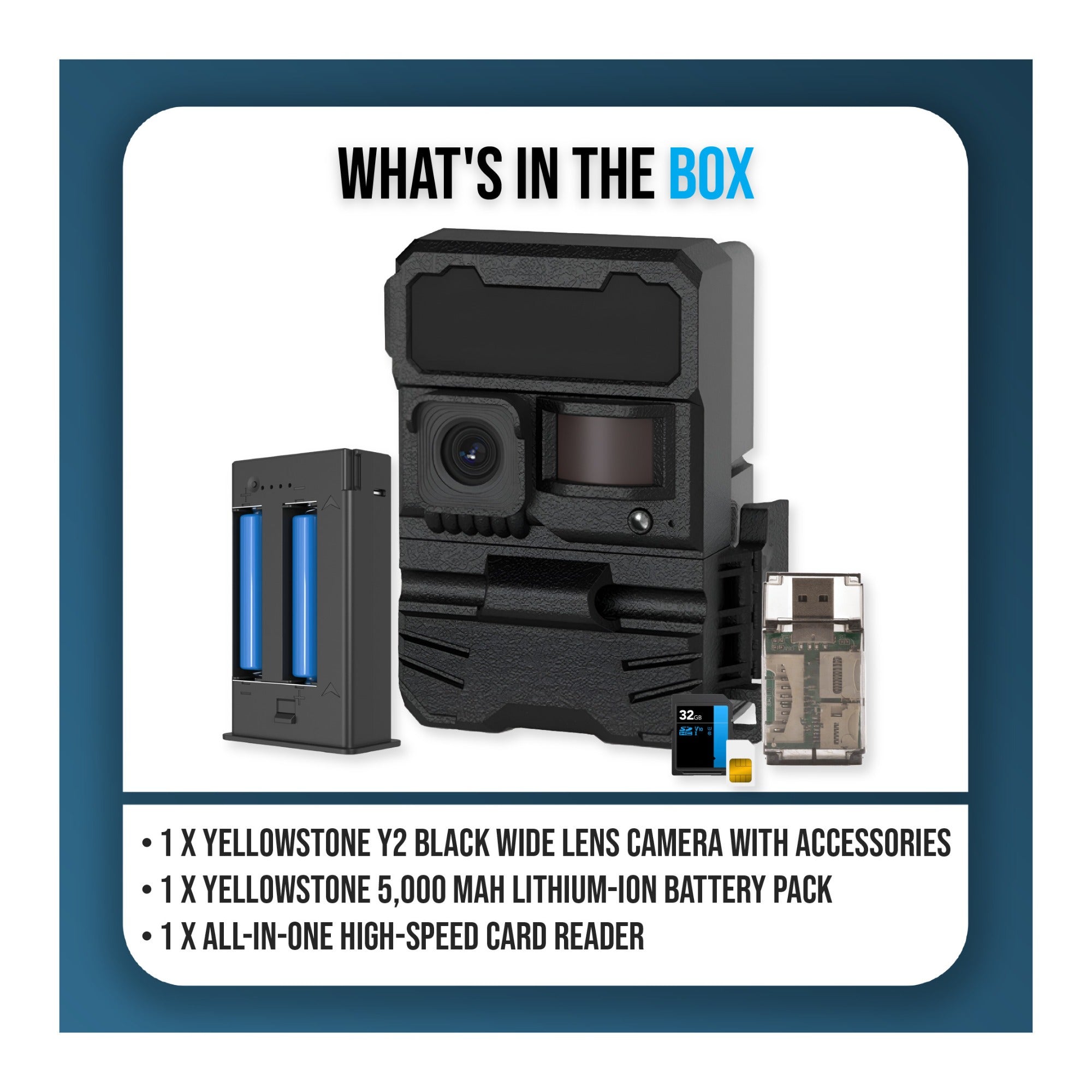 Yellowstone Y2 Black Wide Lens Camera Bundle with 5,000 mAh Battery Pack, and High-Speed Card Reader