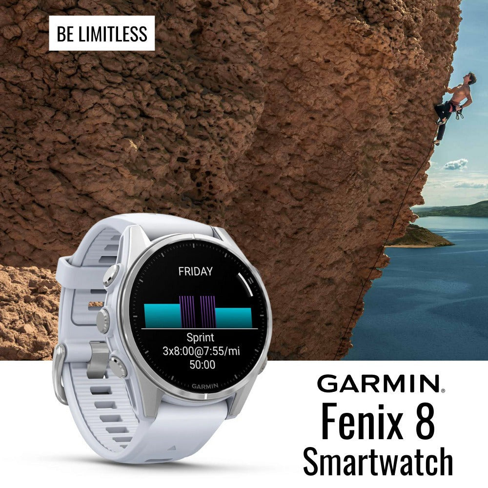 Garmin Fenix 8 43mm AMOLED GPS Smartwatch (Silver and Whitestone) with Portable Charger Stand Bundle