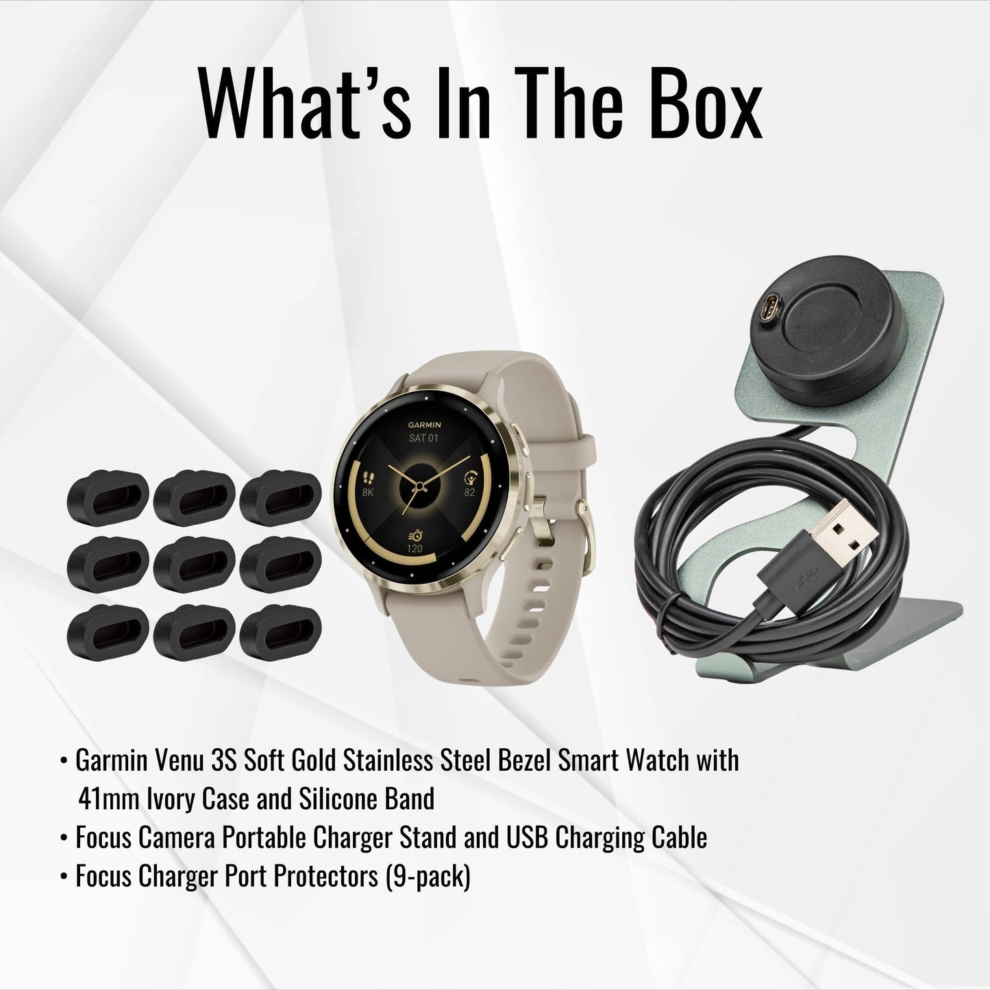 Garmin Venu 3S Soft Gold Stainless Steel Bezel Smartwatch with Ivory Case and Silicone Band Bundle