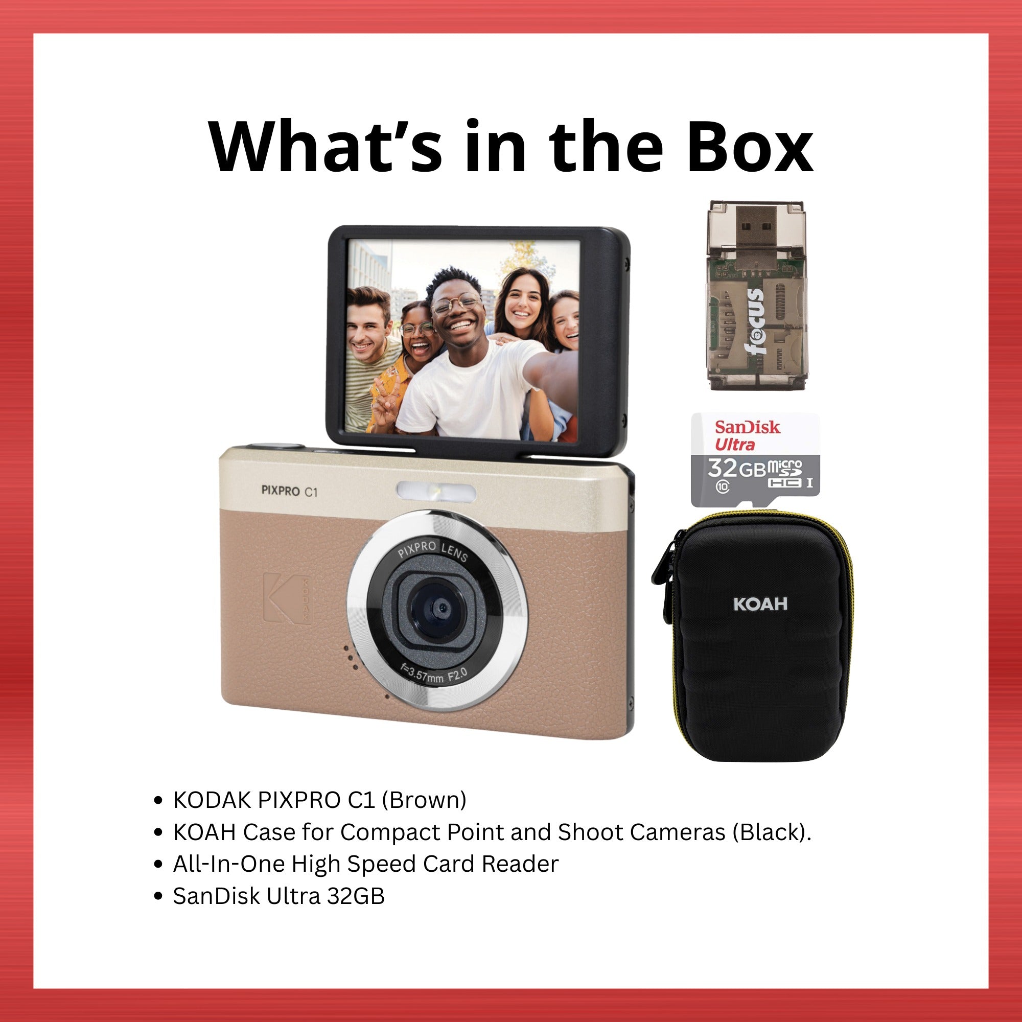 KODAK PIXPRO C1 Friendly Zoom 13MP 1080p Digital Camera (Brown) Bundle