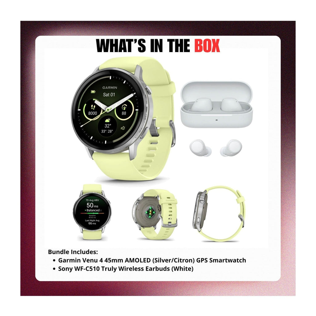 Garmin Venu 4 45mm AMOLED (Silver/Citron) GPS Smartwatch with Earbuds Bundle
