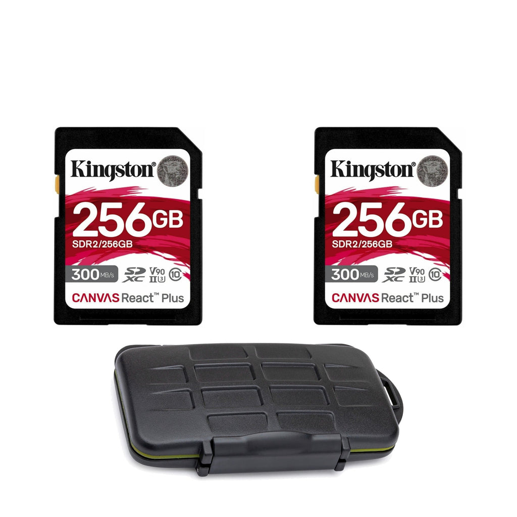 Kingston Canvas React Plus 256GB U3 V90 SDXC UHS-II SD Card (2-Pack) With Pro Memory Case Bundle