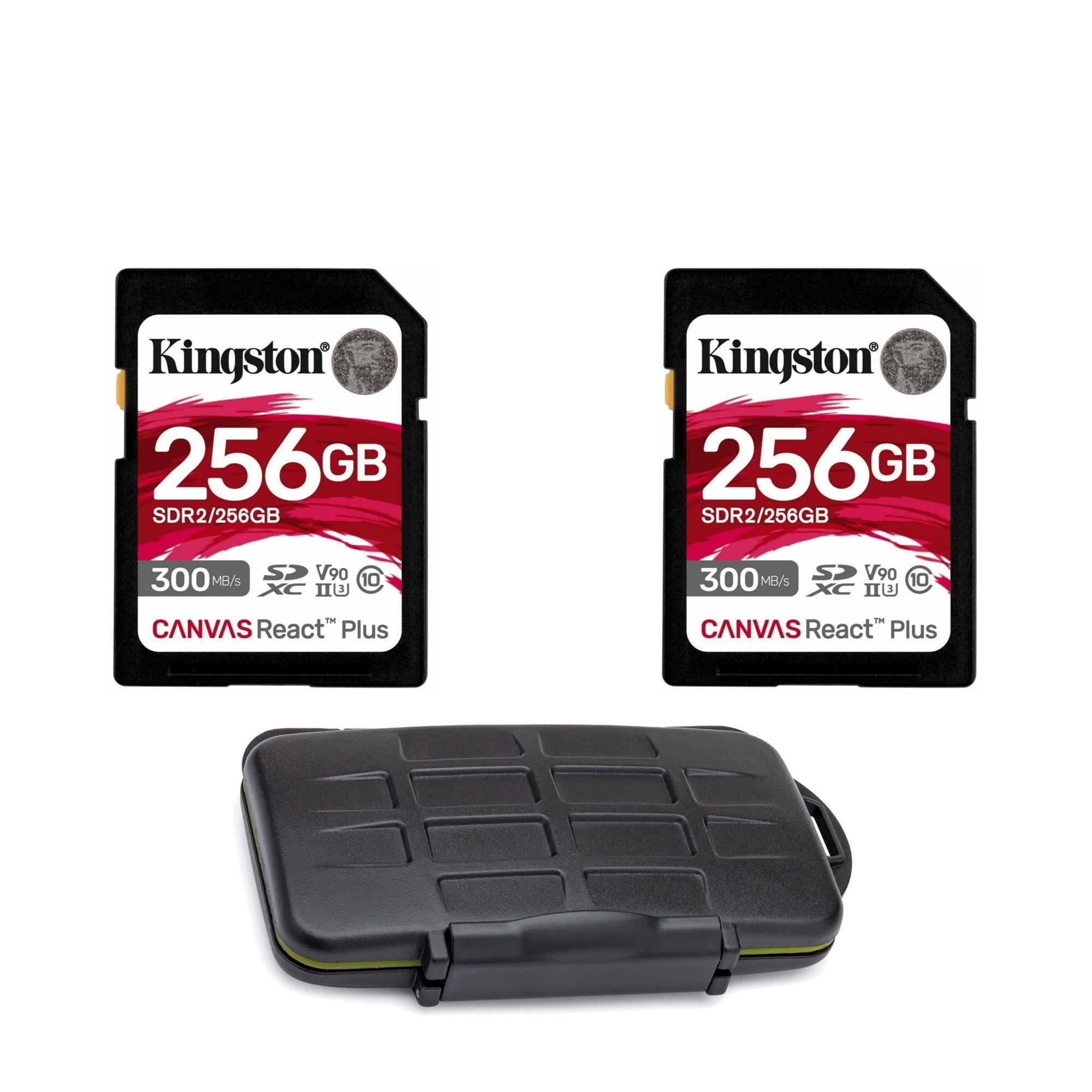 Kingston Canvas React Plus 256GB U3 V90 SDXC UHS-II SD Card (2-Pack) With Pro Memory Case Bundle