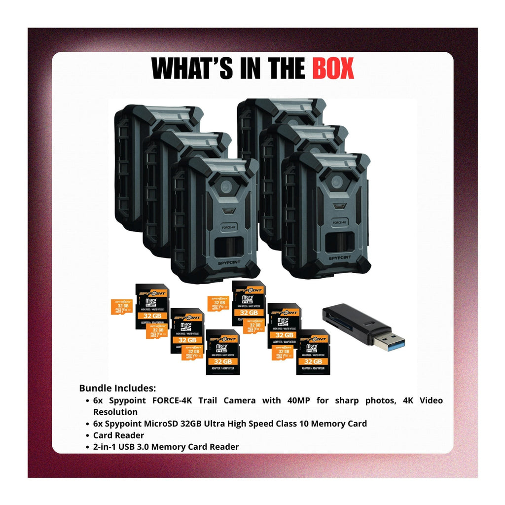 Spypoint Force 40MP 4K Trail Camera (6 Pack) Bundle with Accessories