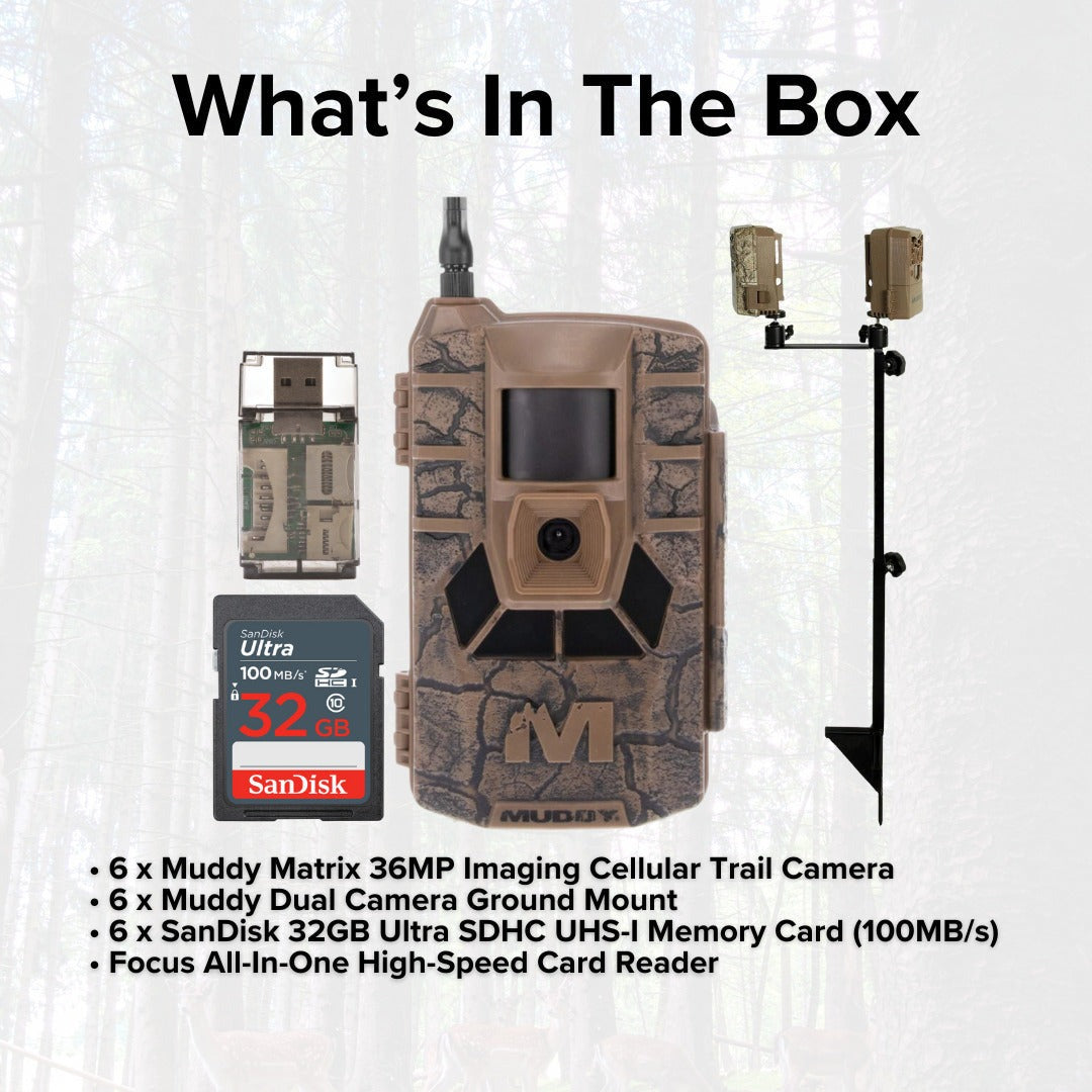 Muddy Matrix 36MP Imaging Cellular Trail Camera with On Demand Photo (Mud, 6-Pack) Bundle