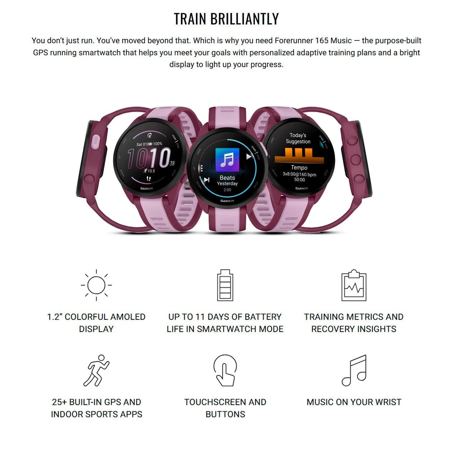 Garmin Forerunner 165 Music GPS Running Smartwatch (Berry-Lilac) with Charger Stand and Cable Bundle